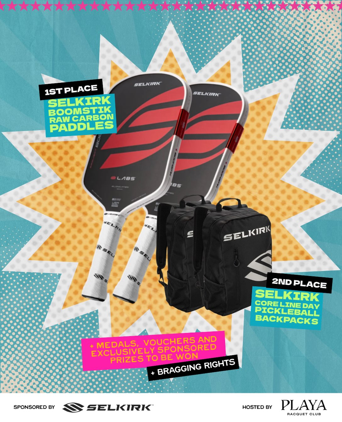 First and second place prizes: Selkirk Boomstik Raw Carbon paddles and Selkirk Core Line Day backpacks.