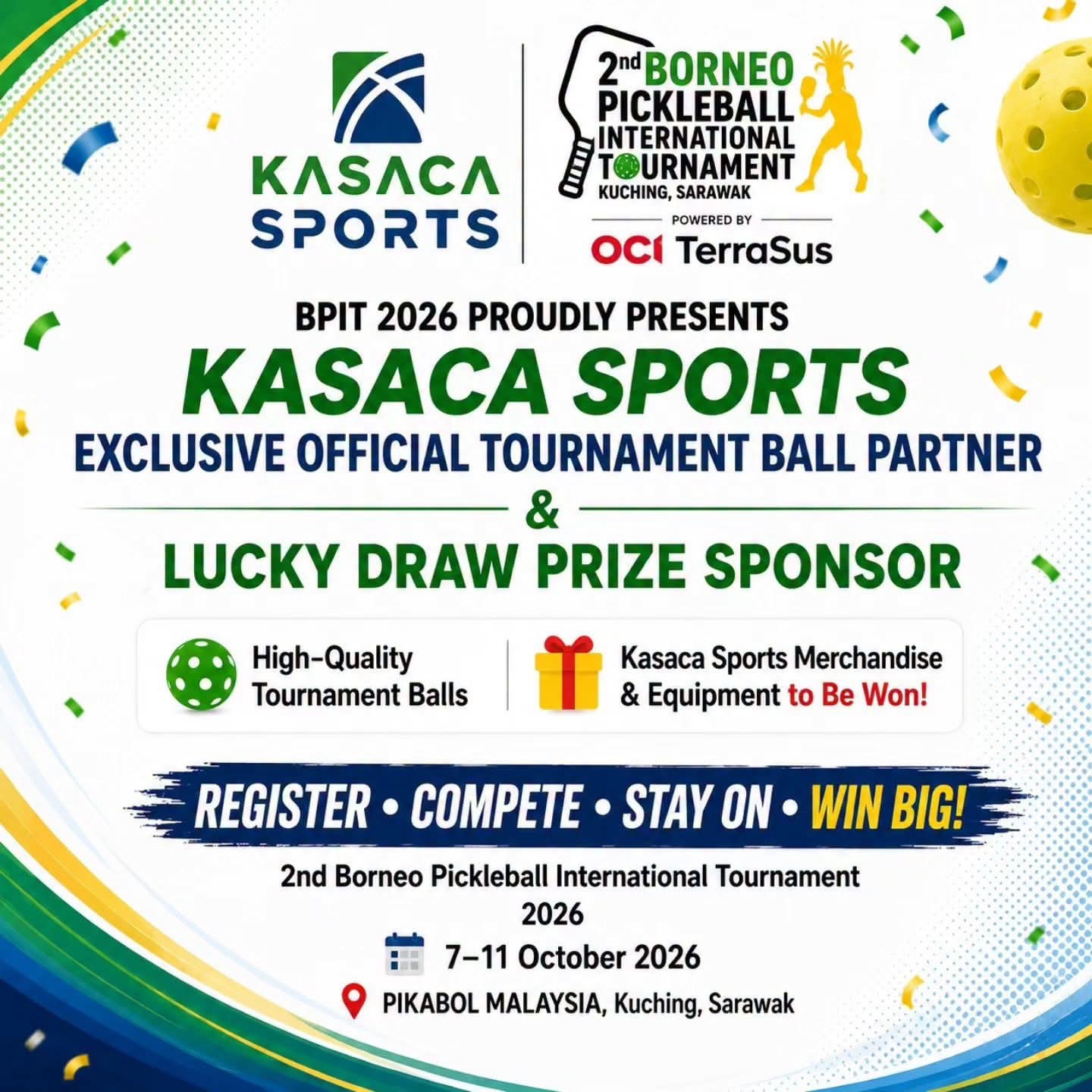 Kasaca Sports announcement graphic naming it exclusive official tournament ball partner and lucky draw prize sponsor of BPIT 2026