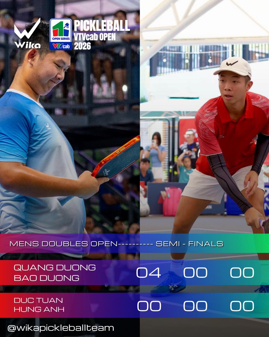 Men's Doubles Open semifinal scoreboard graphic showing Quang Duong and Bao Duong leading 4-0