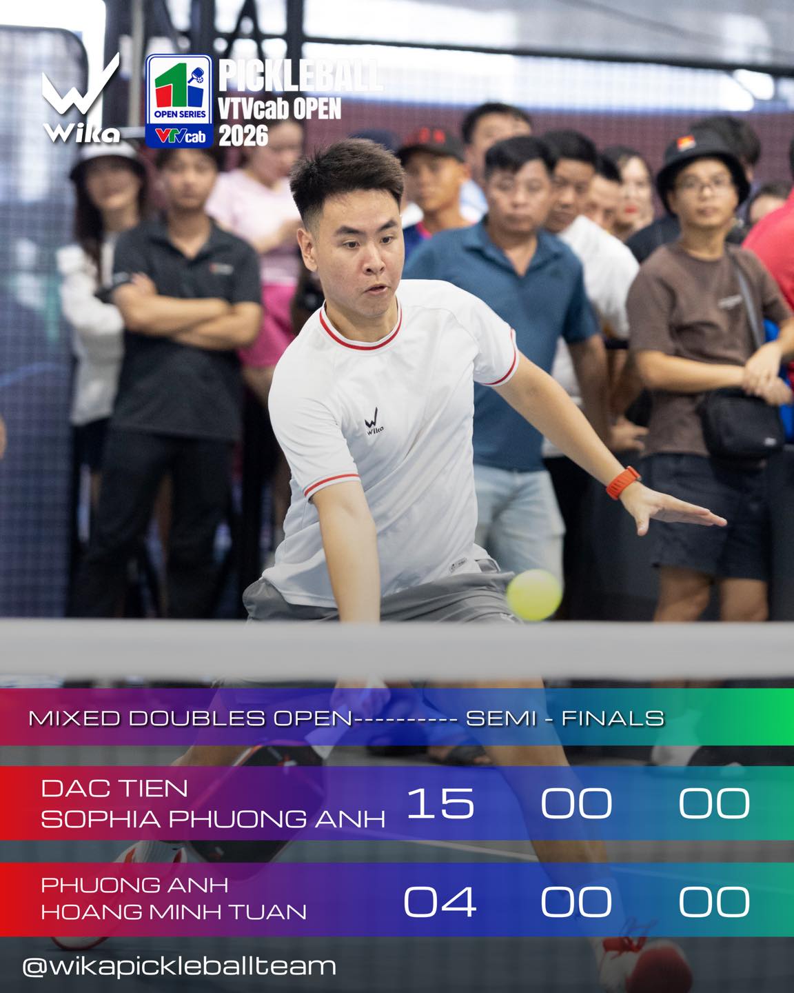 Dac Tien in the Mixed Doubles Open semifinal with a 15-4 scoreboard graphic