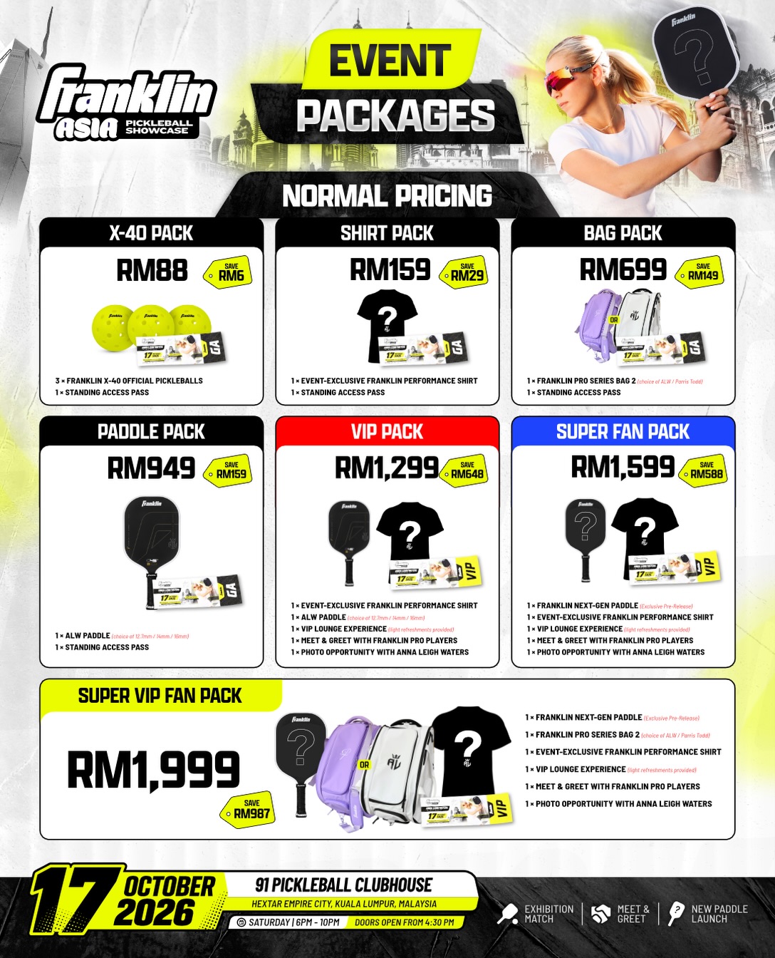 The standard ticket pricing tiers for the 17 October Franklin Asia Pickleball Showcase 3, from the RM88 X-40 Pack to the RM1,999 Super VIP Fan Pack