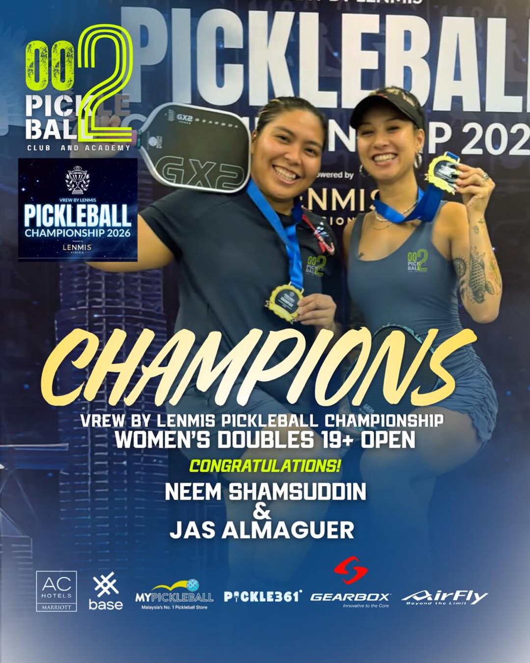 Neem Shamsuddin and Jas Almaguer with their Lenmis Pickleball Championship gold medals
