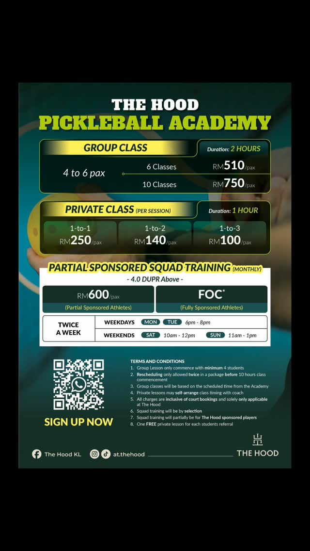The Hood Pickleball Academy rate card listing group class, private class and squad training prices