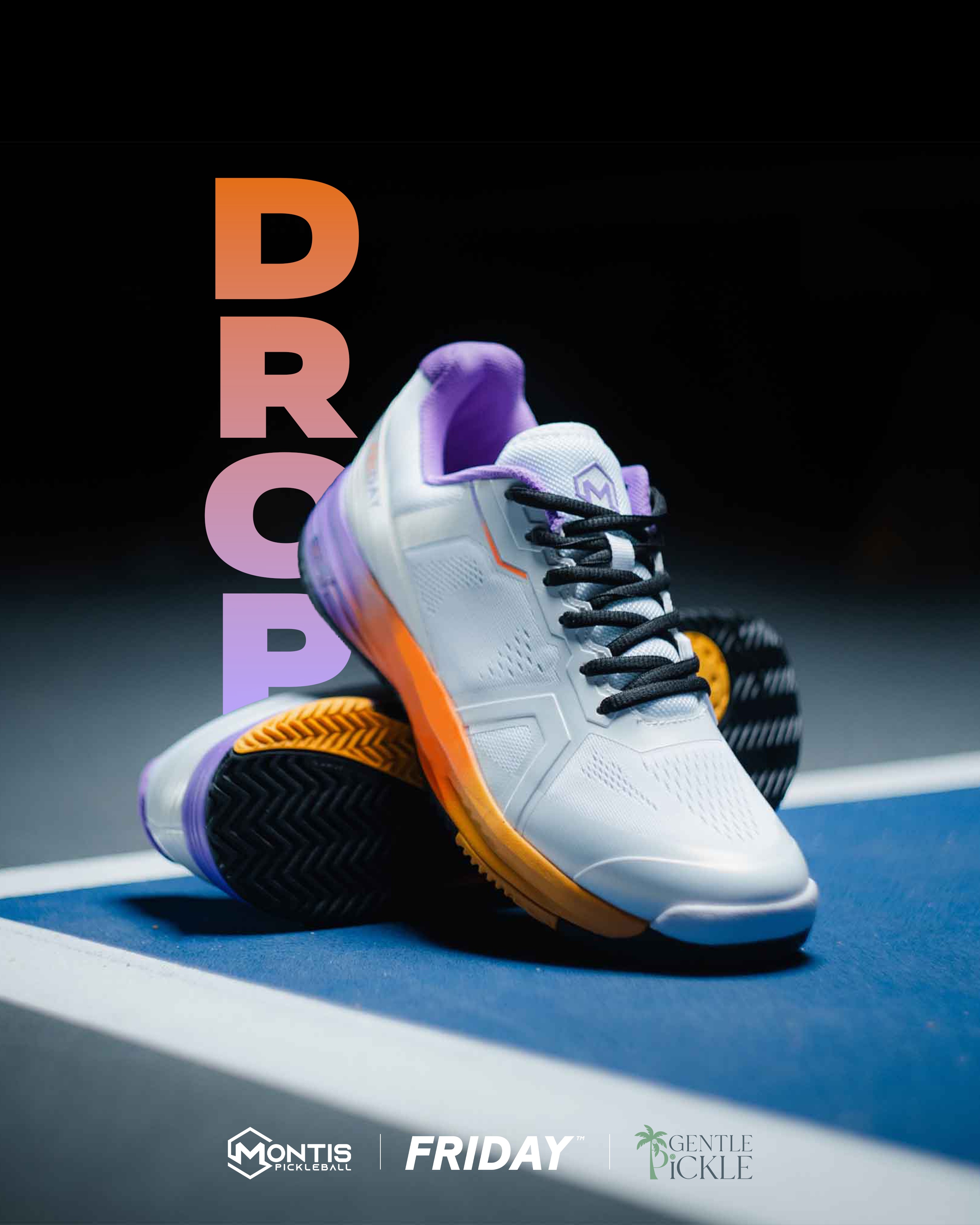Friday x Montis Drop 1.0 Sunset pickleball shoe on a blue court with the Montis, Friday and Gentle Pickle logos along the bottom