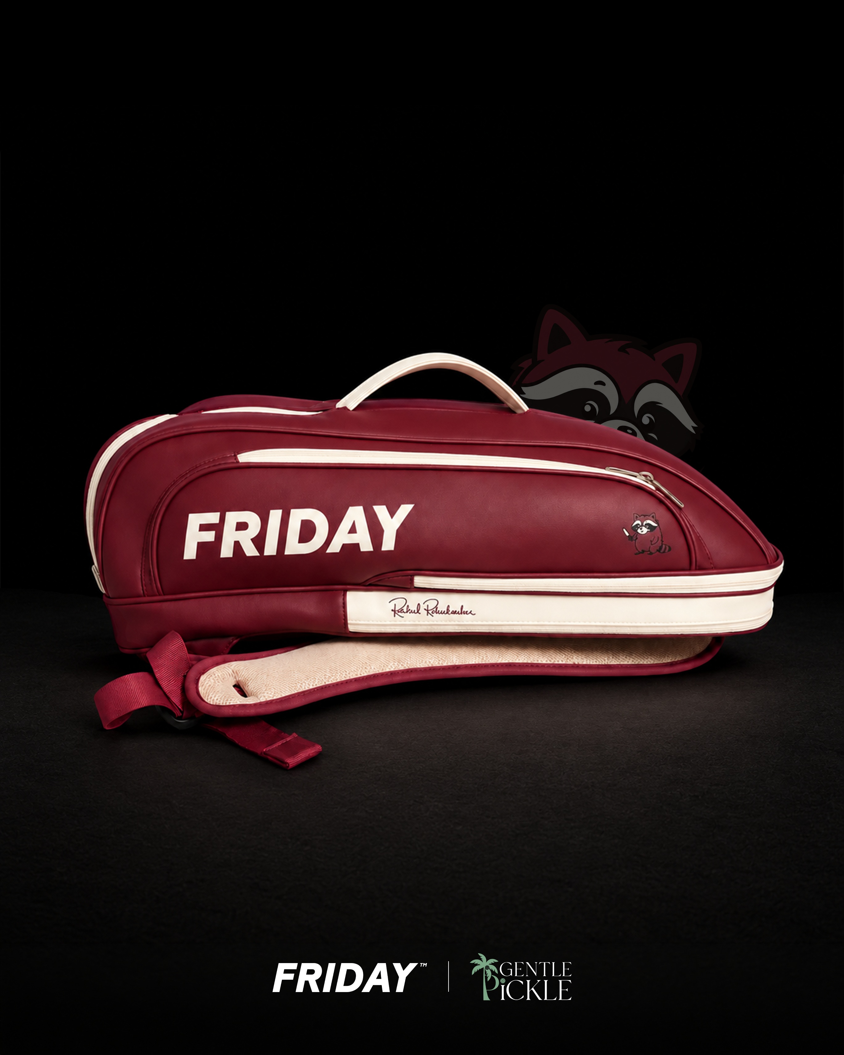 Burgundy and cream Friday Pickleball backpack with the Rachel Rohrabacher signature, photographed on a dark background