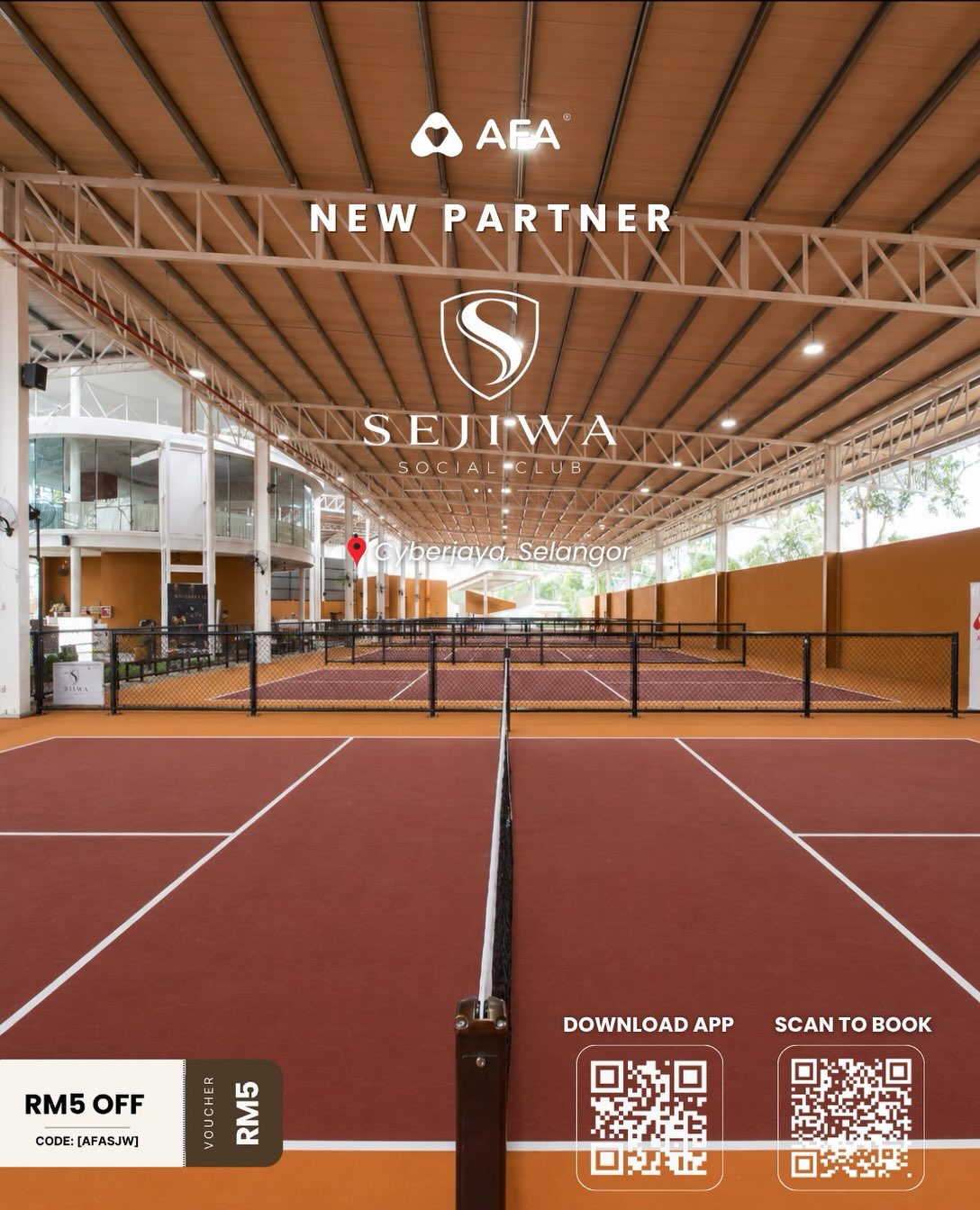 Row of indoor pickleball courts under a covered roof at Sejiwa Social Club