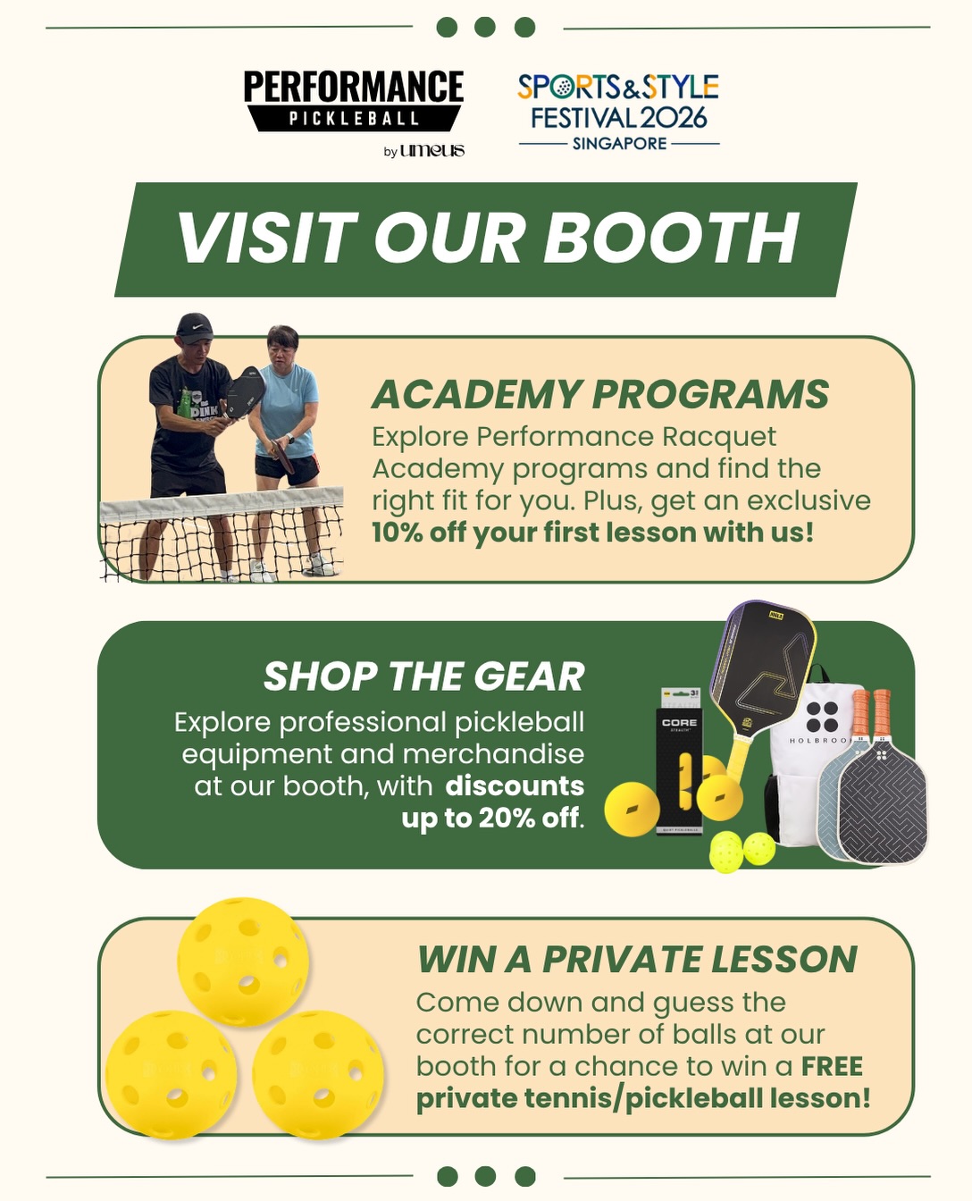 Performance Pickleball booth graphic listing academy programmes, gear discounts and a private lesson prize