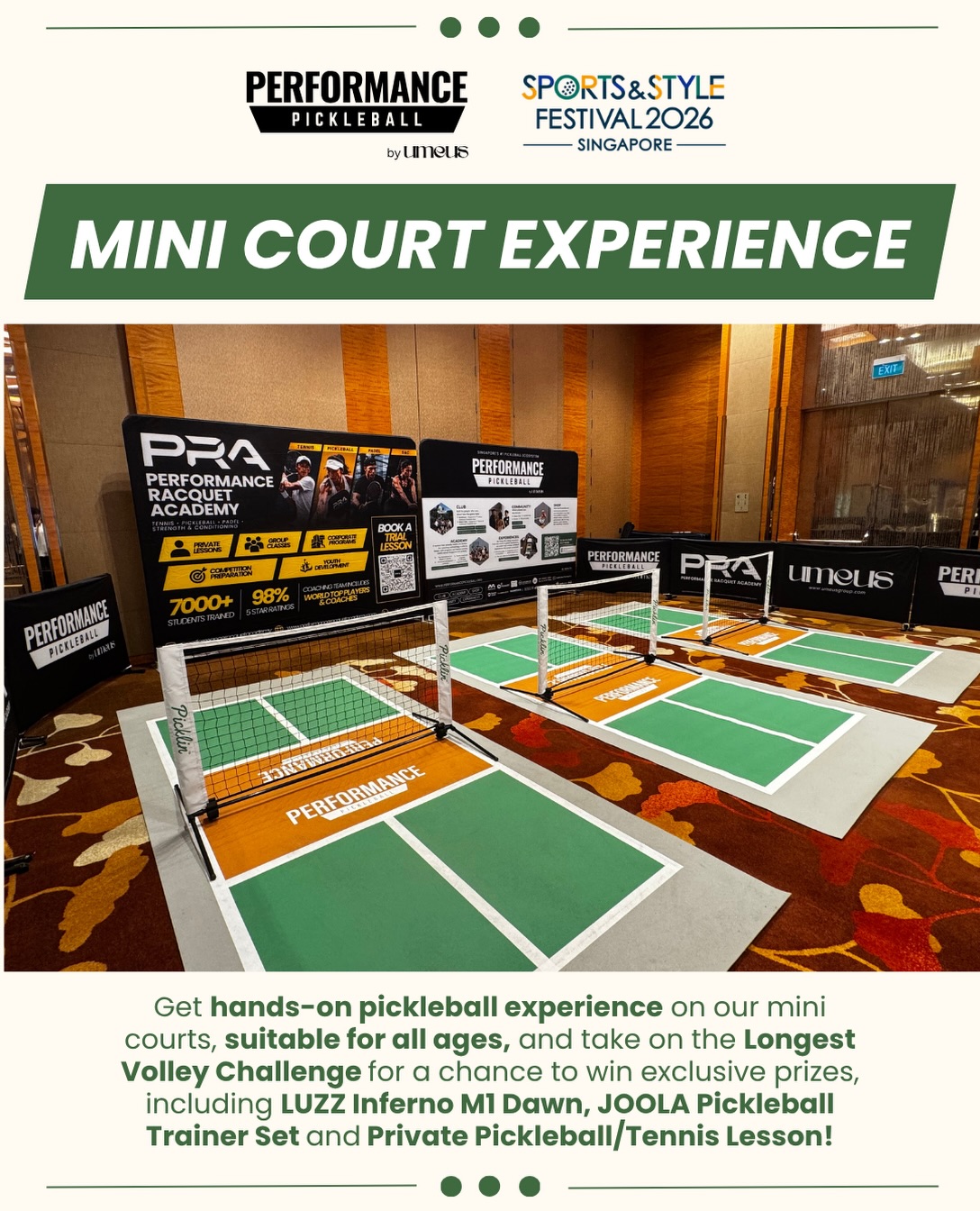 Performance Pickleball mini courts and Performance Racquet Academy display boards at Sports and Style Festival 2026