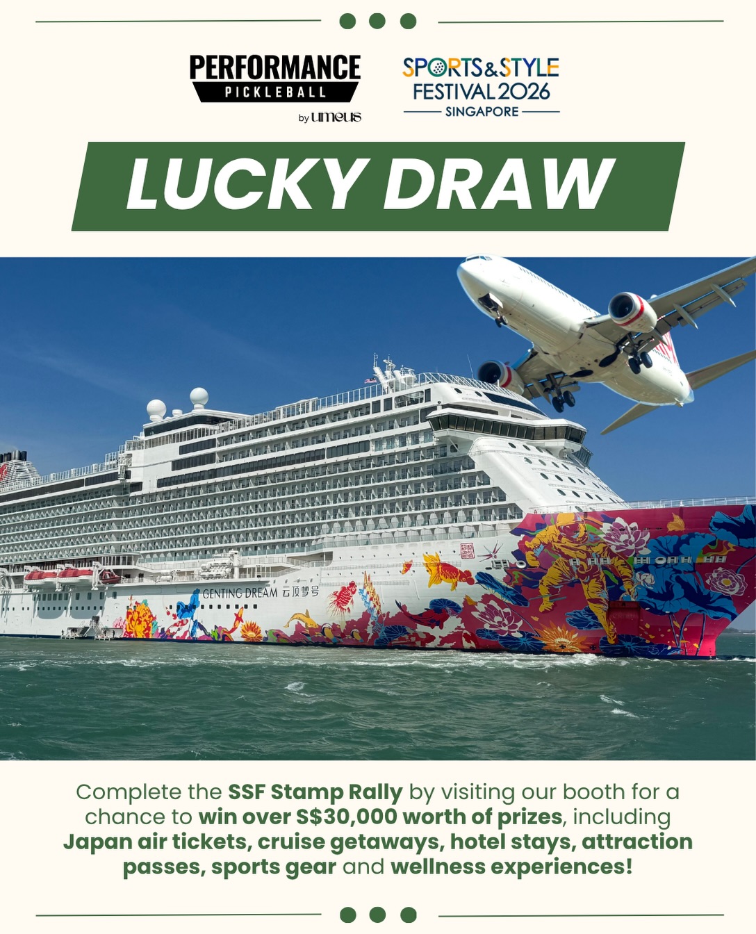 Lucky draw graphic showing a cruise ship and aircraft for the SSF Stamp Rally prizes