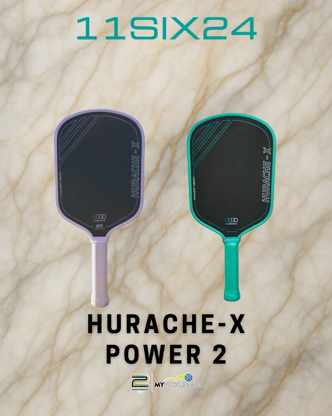 Two 11SIX24 Hurache-X Power 2 paddles in lavender and teal on a marble background.