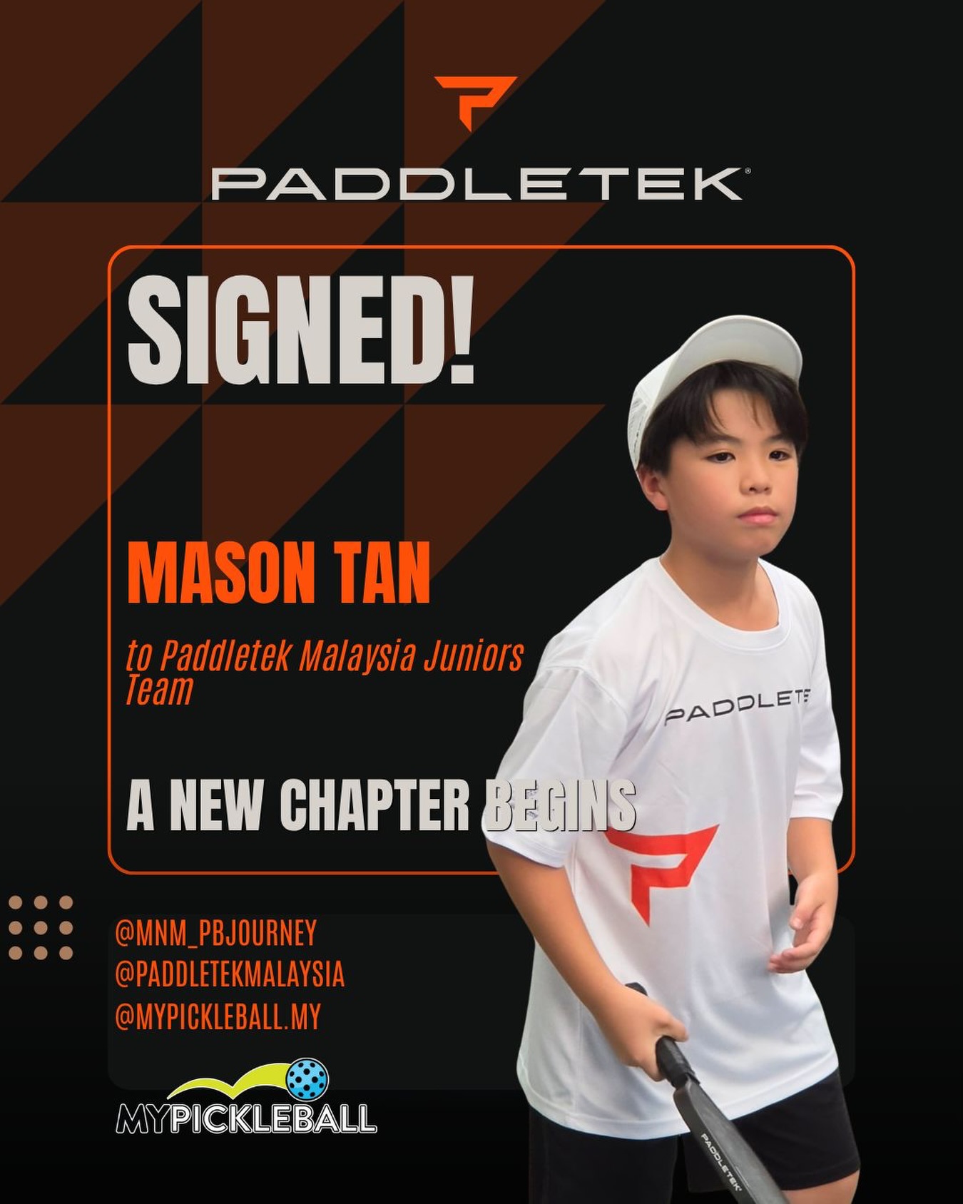 Signing graphic for Mason Tan, new member of the Paddletek Malaysia Juniors Team