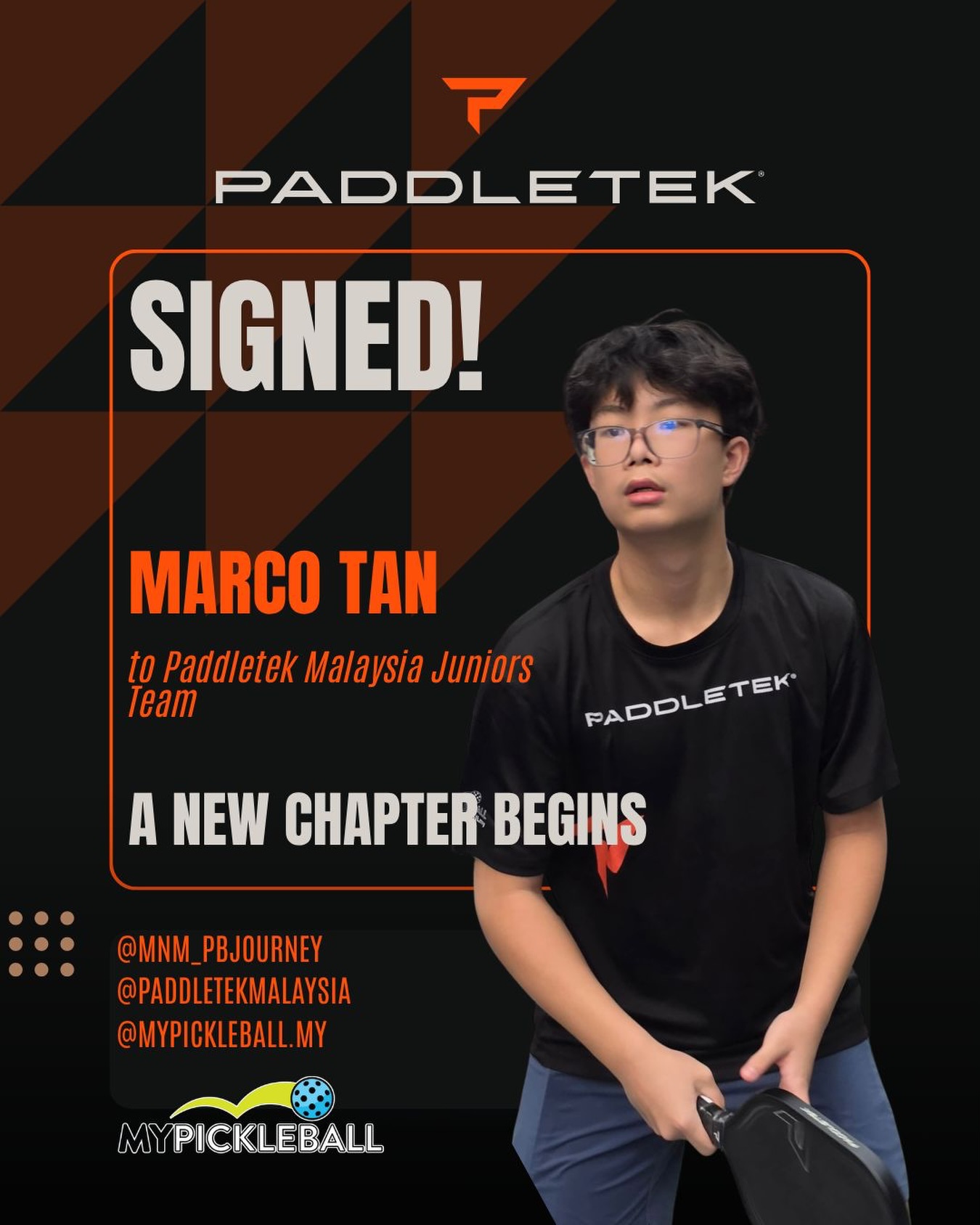 Signing graphic for Marco Tan, new member of the Paddletek Malaysia Juniors Team
