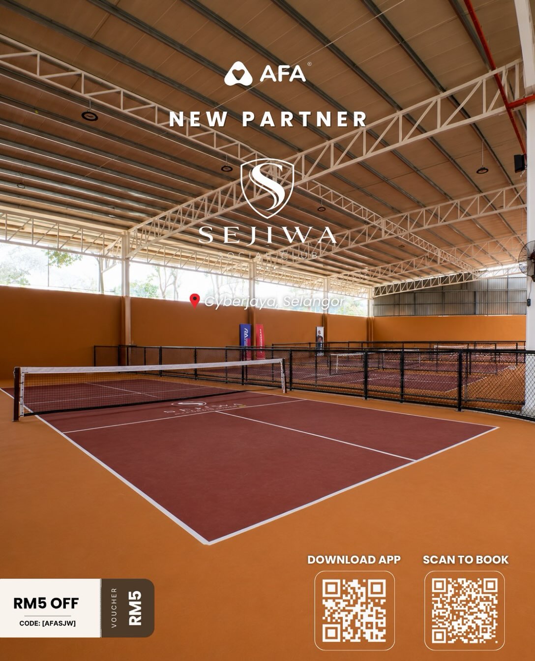 Indoor pickleball court at Sejiwa Social Club, Cyberjaya, with courts stretching into the distance