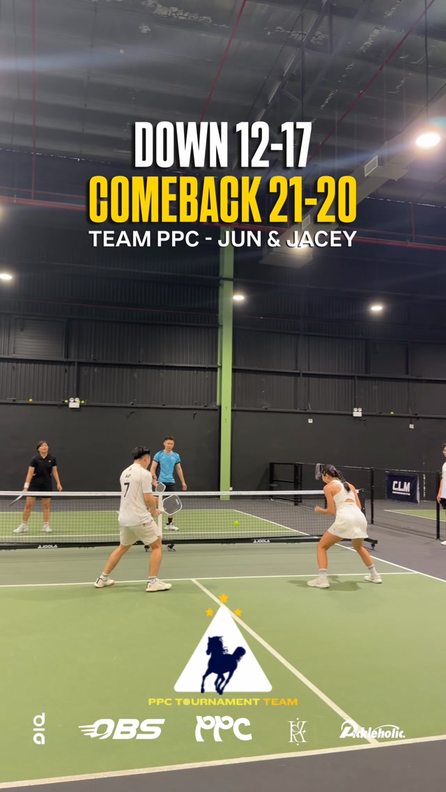 Jun Hong and Jacey Voon on court during their 21-20 comeback win in the Mixed Doubles 19+ Advanced under 4.5 group stage