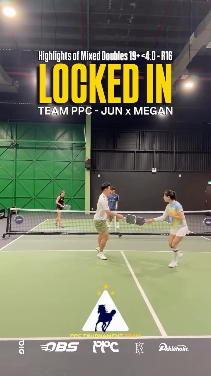 Jun Hong and Megan Layla Foo at the net during their Round of 16 match in Mixed Doubles 19+ Intermediate Plus under 4.0