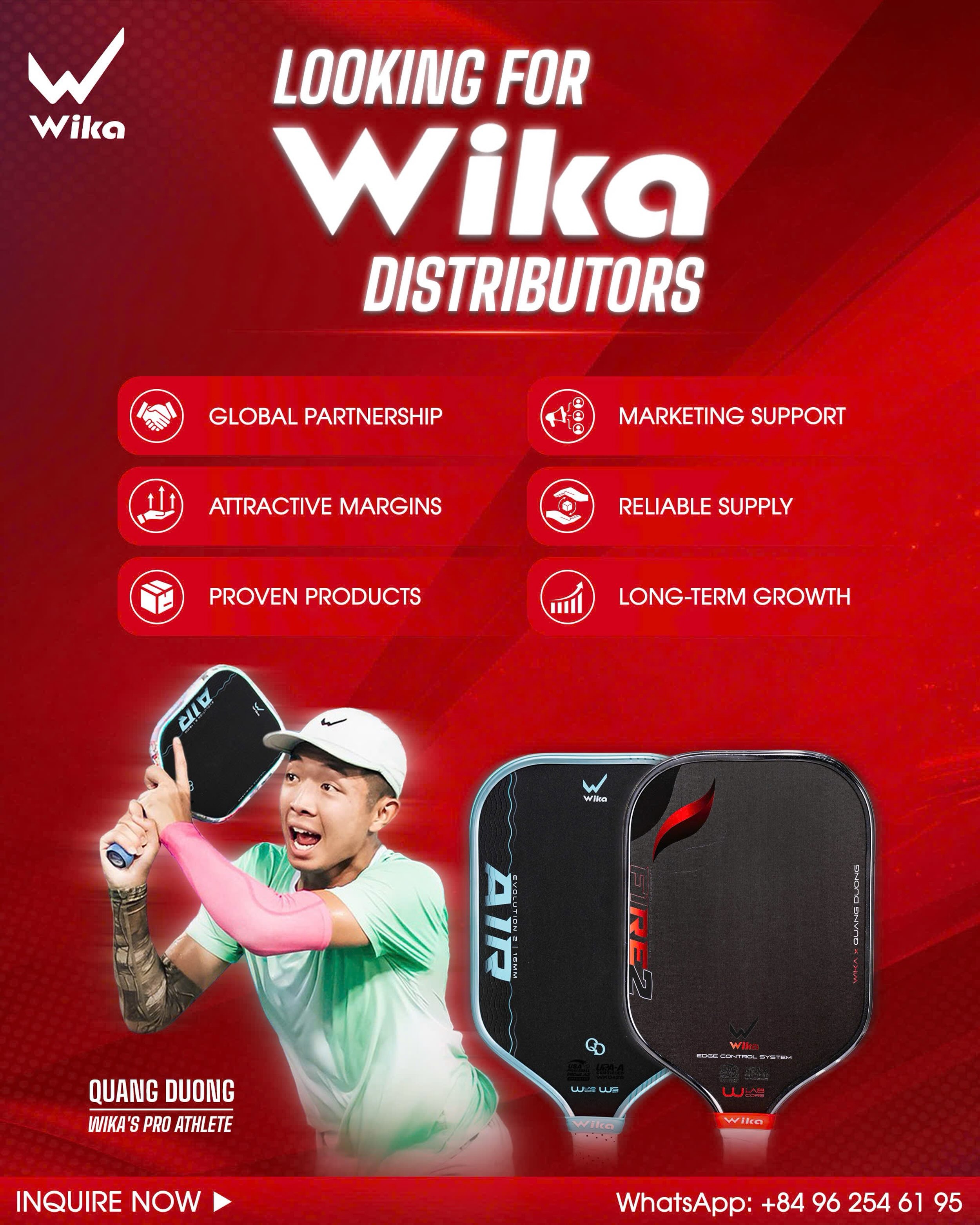 Wika distributor recruitment poster featuring Quang Duong with the Air Evolution 2 and Fire 2 paddles