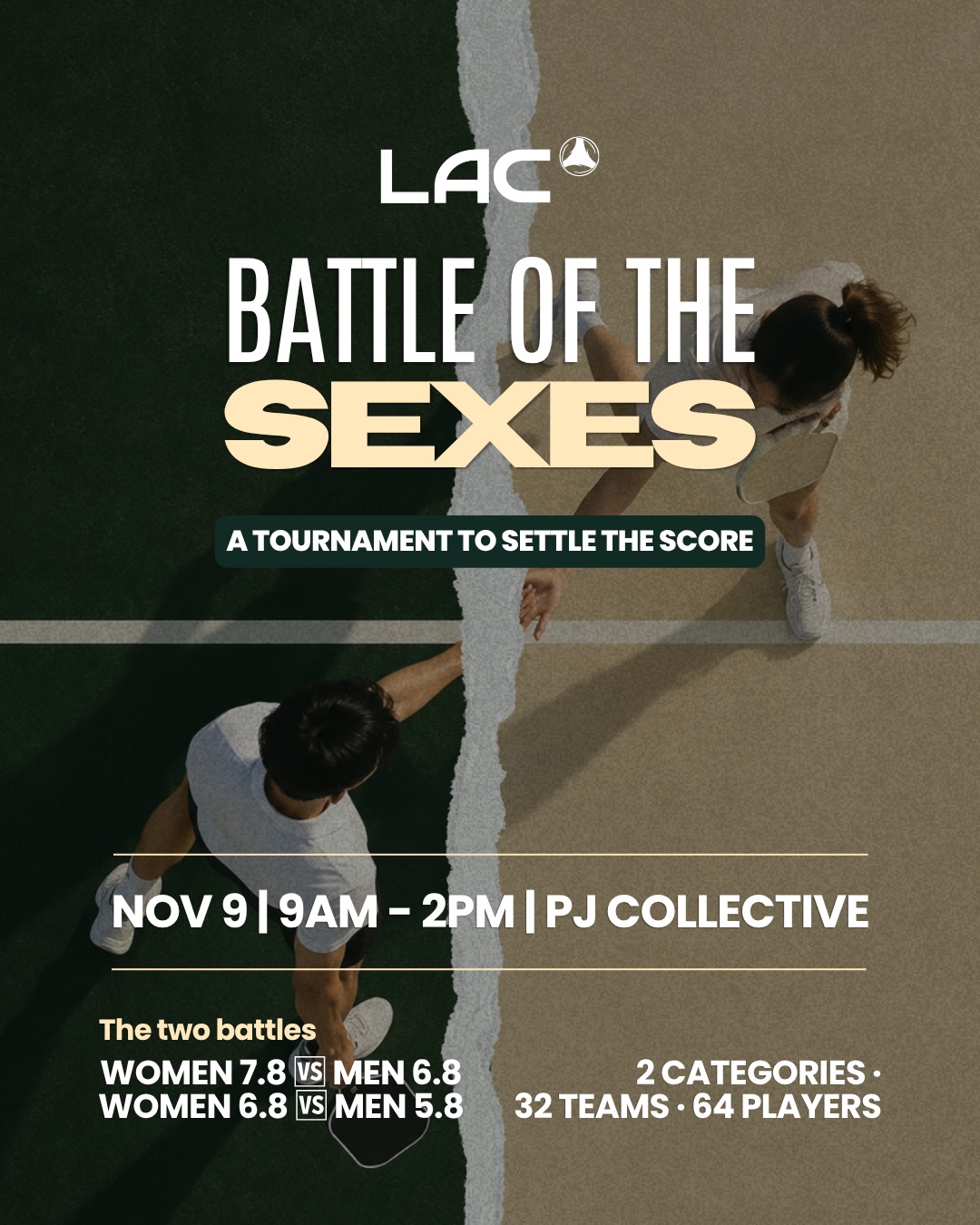 LAC's Battle of the Sexes tournament poster, 9 Nov at PJ Collective