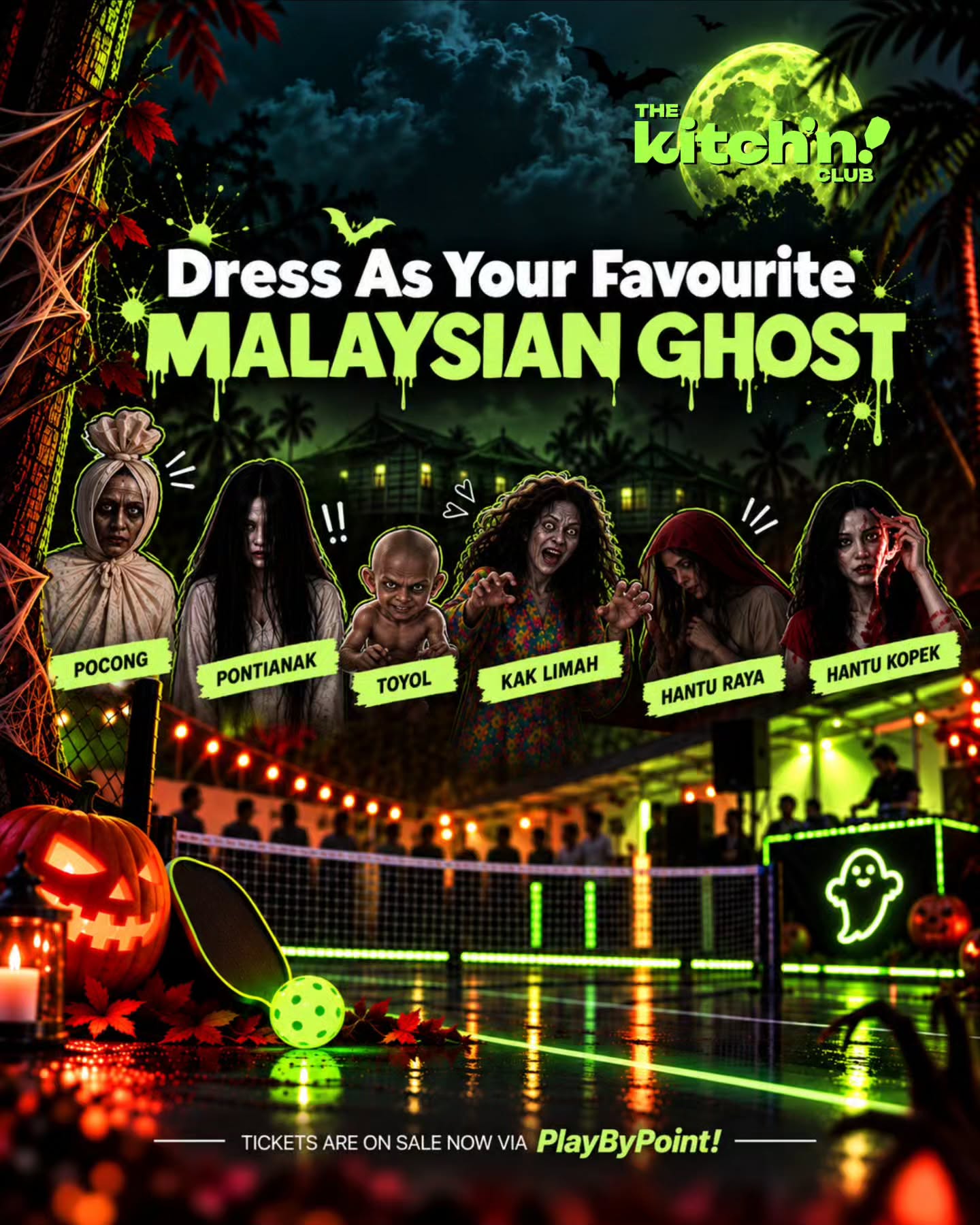 Poster showing six Malaysian ghost costume options for The Kitch'n Club's Halloween Party 2.0: Pocong, Pontianak, Toyol, Kak Limah, Hantu Raya, and Hantu Kopek
