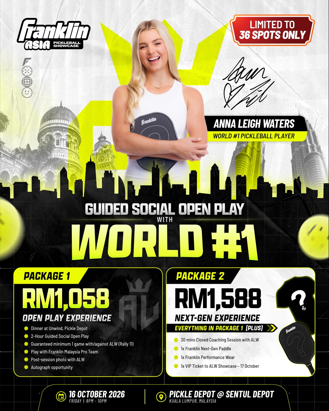 Anna Leigh Waters with the Package 1 and Package 2 breakdown for the 16 October Guided Social Open Play at Pickle Depot