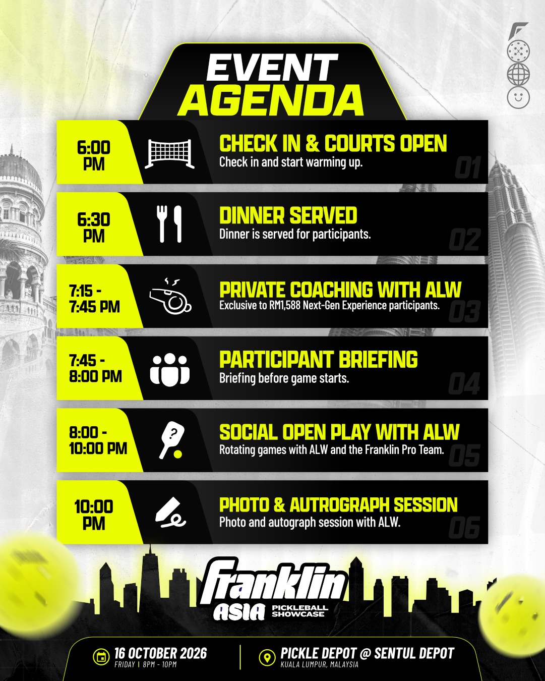 The full evening agenda for the 16 October Guided Social Open Play, from check-in through the closing photo session