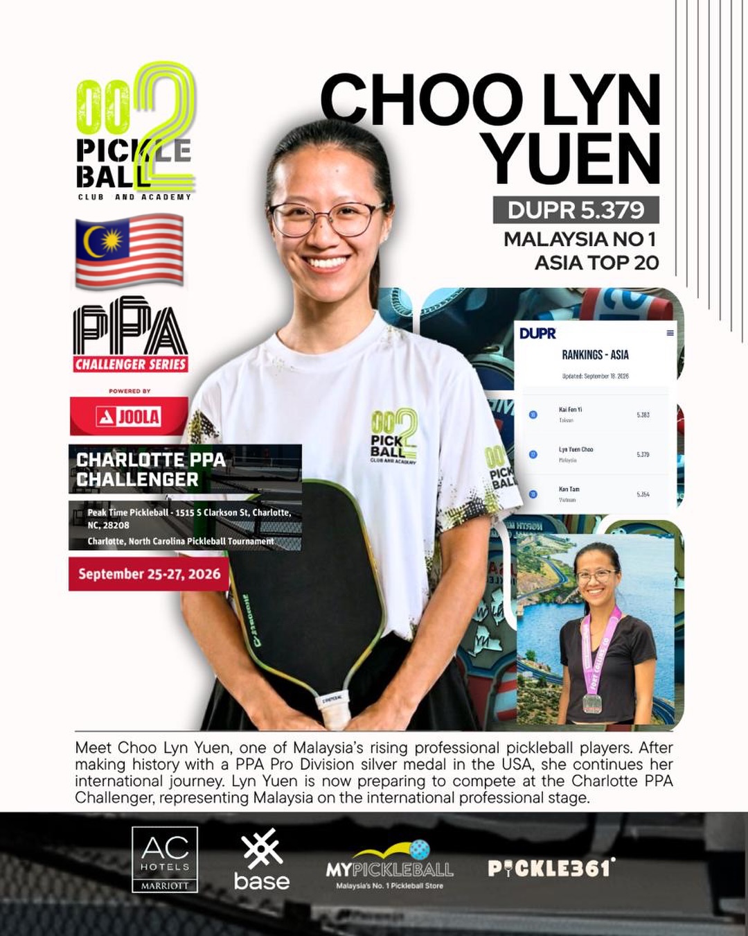 002 Pickleball Club & Academy's send-off graphic for Choo Lyn Yuen ahead of the Charlotte PPA Challenger, showing her DUPR rating and a photo from her earlier Colorado silver medal.