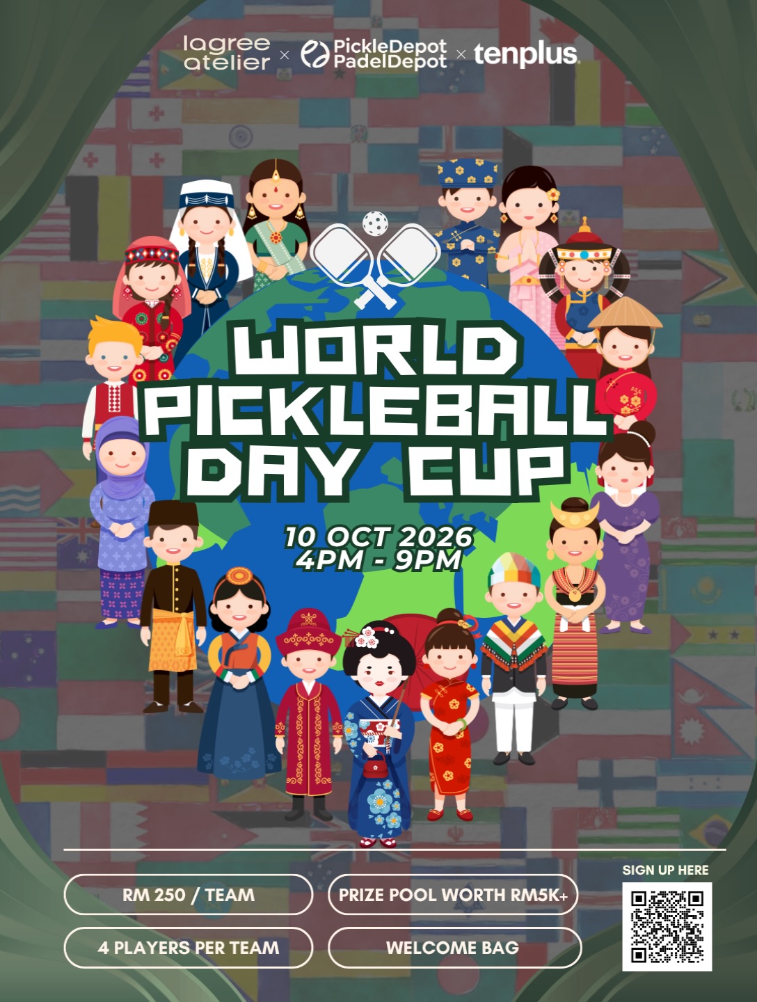 World Pickleball Day Cup event poster showing the 10 October 2026 date, RM250 per team entry, RM5K+ prize pool and sign-up QR code
