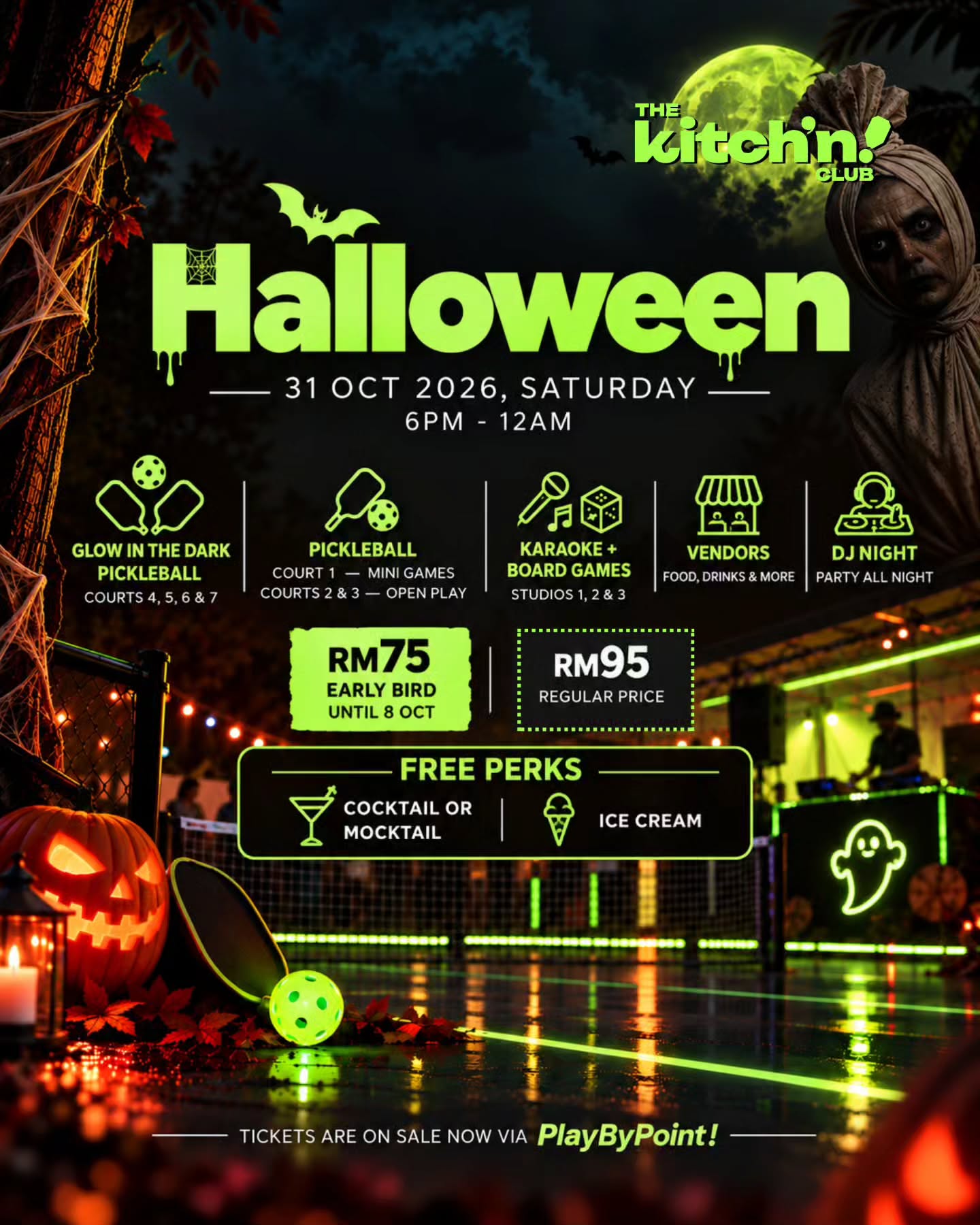 The Kitch'n Club's Halloween Party 2.0 poster, showing the 31 October date, time, and ticket pricing