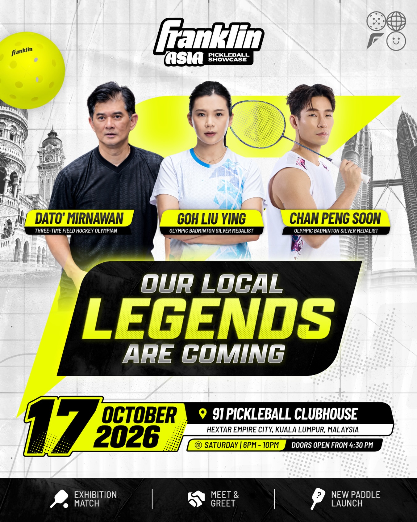 Dato' Mirnawan Nawawi, Goh Liu Ying and Chan Peng Soon, the three Malaysian Olympic legends confirmed for the 17 October exhibition against Anna Leigh Waters