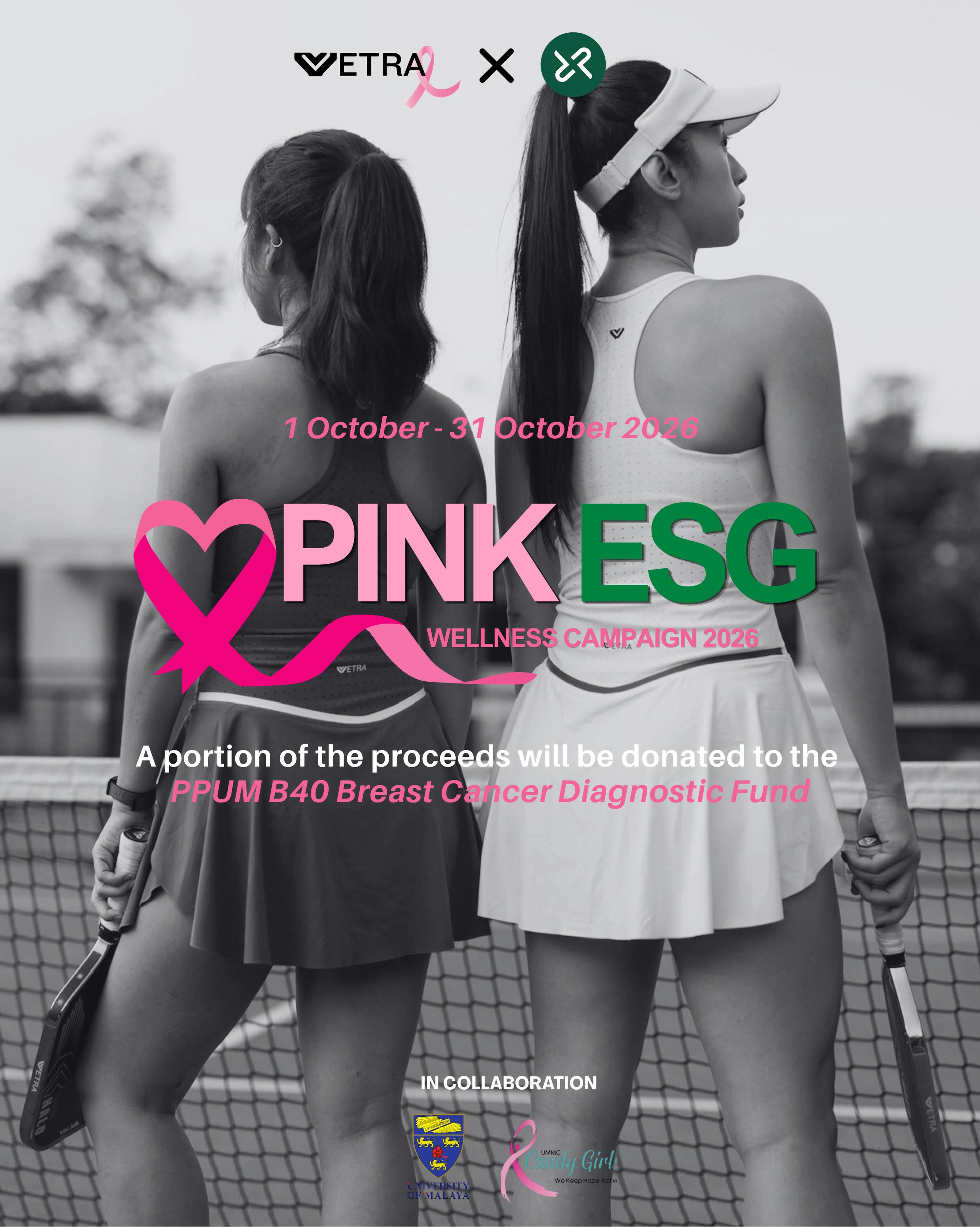Vetra x PXP Pink ESG Wellness Campaign 2026 graphic naming University of Malaya and UMMC Candy Girls as collaborators