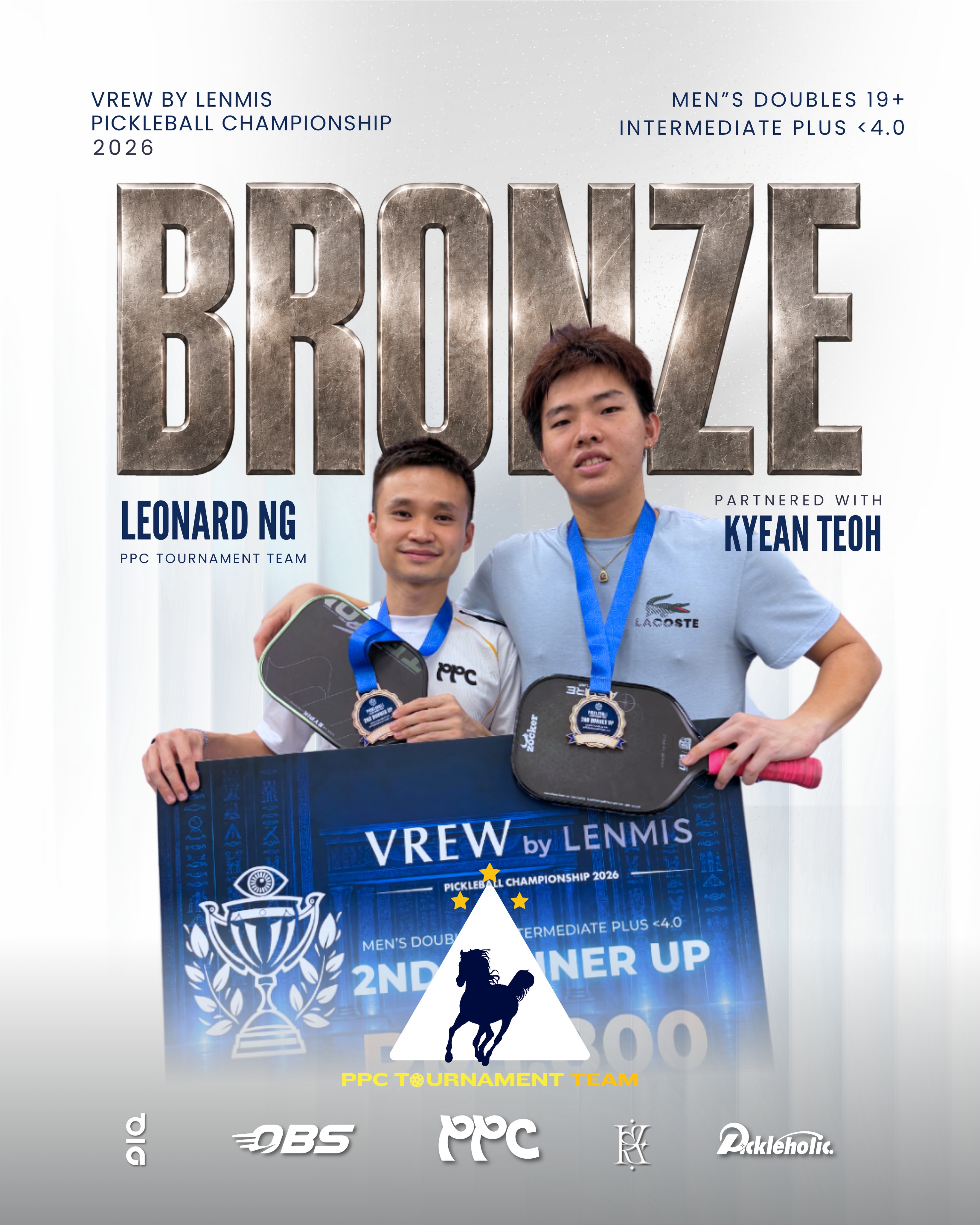 Leonard Ng and Kyean Teoh holding their bronze medals and paddles at the VREW by Lenmis Pickleball Championship 2026