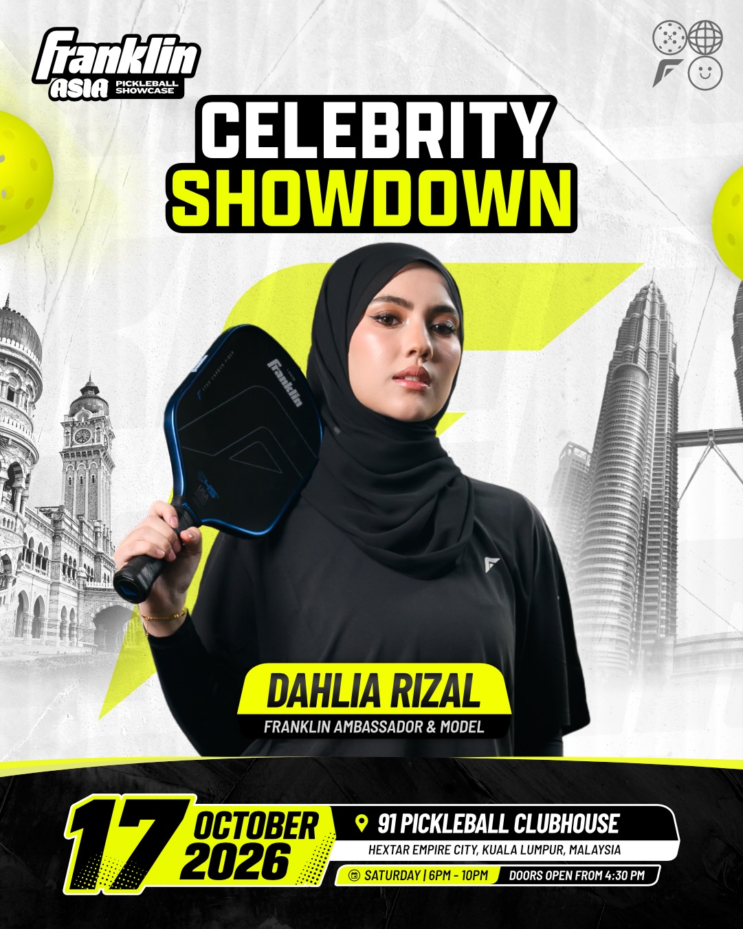 Dahlia Rizal holding a Franklin paddle on the Celebrity Showdown graphic