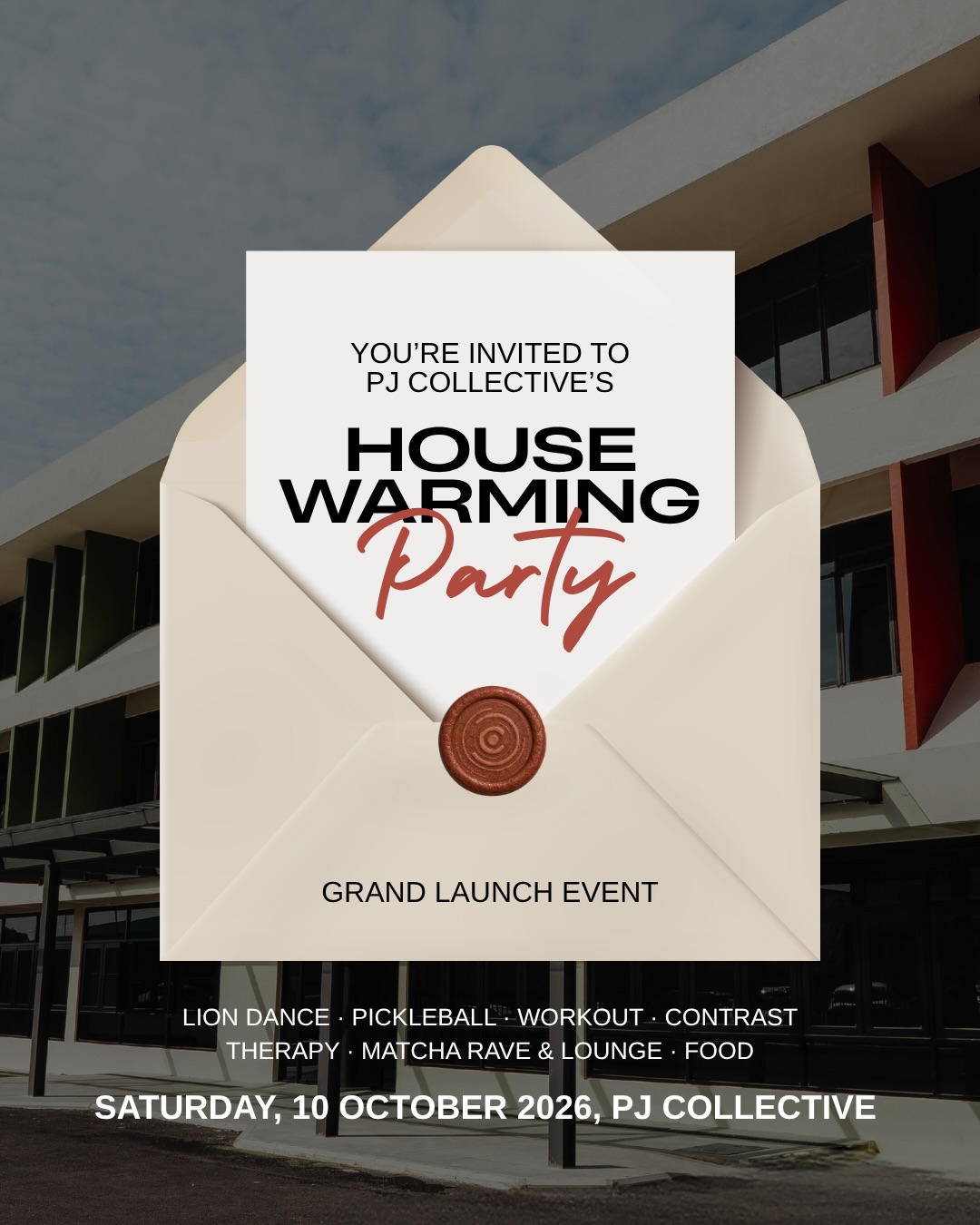 PJ Collective housewarming party invitation graphic for 10 October 2026
