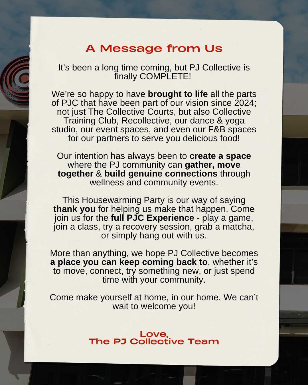 A message from the PJ Collective team about the venue being complete