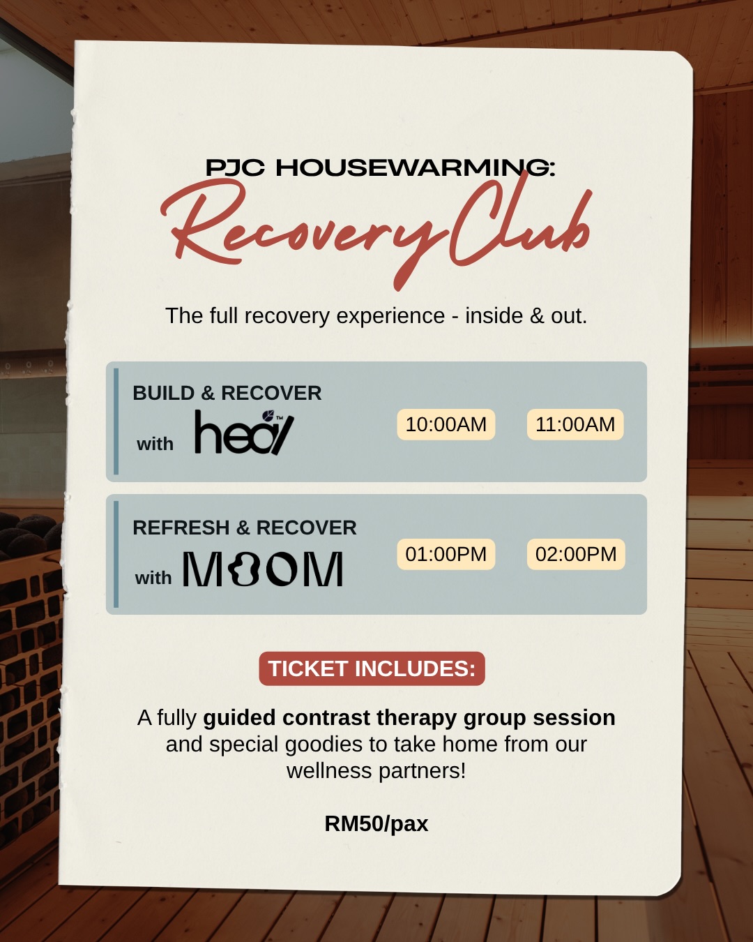 Recovery Club session times with Heal and Moom at PJ Collective