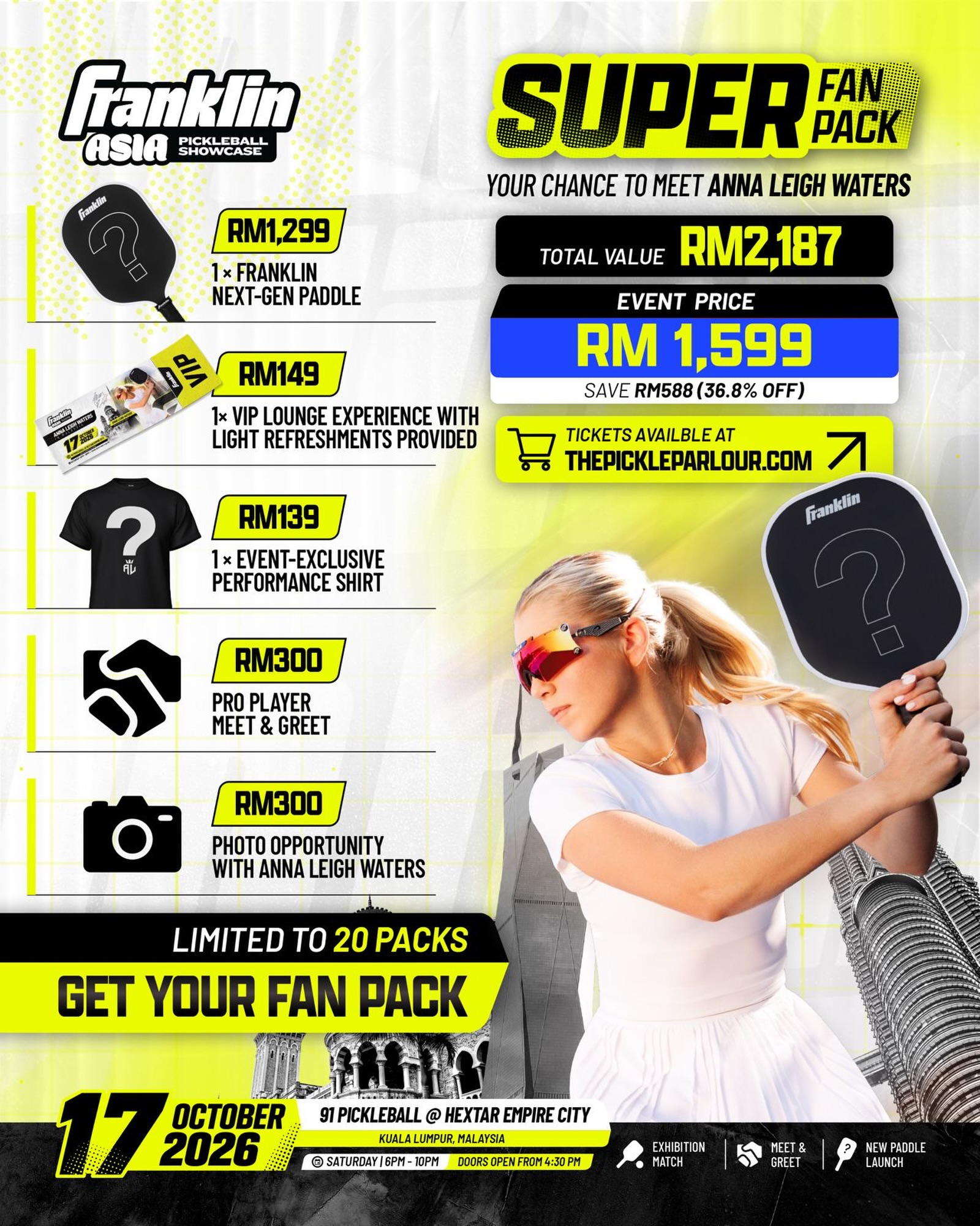 Franklin SuperFan Pack graphic listing contents, RM1,599 event price and limit of 20 packs