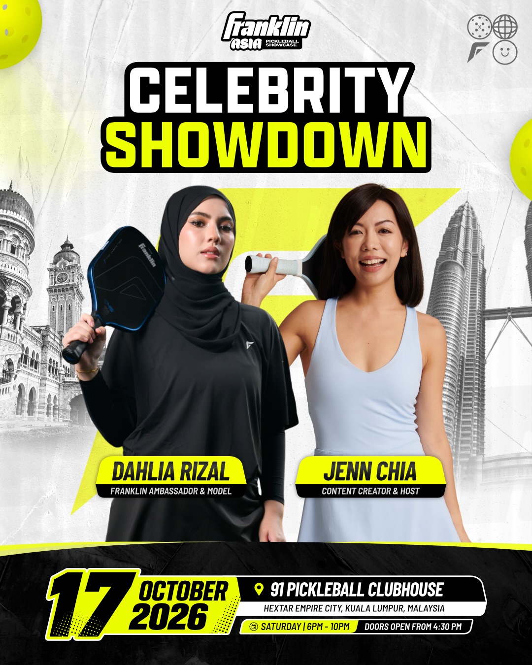 Franklin Asia Pickleball Showcase Celebrity Showdown poster featuring Dahlia Rizal and Jenn Chia