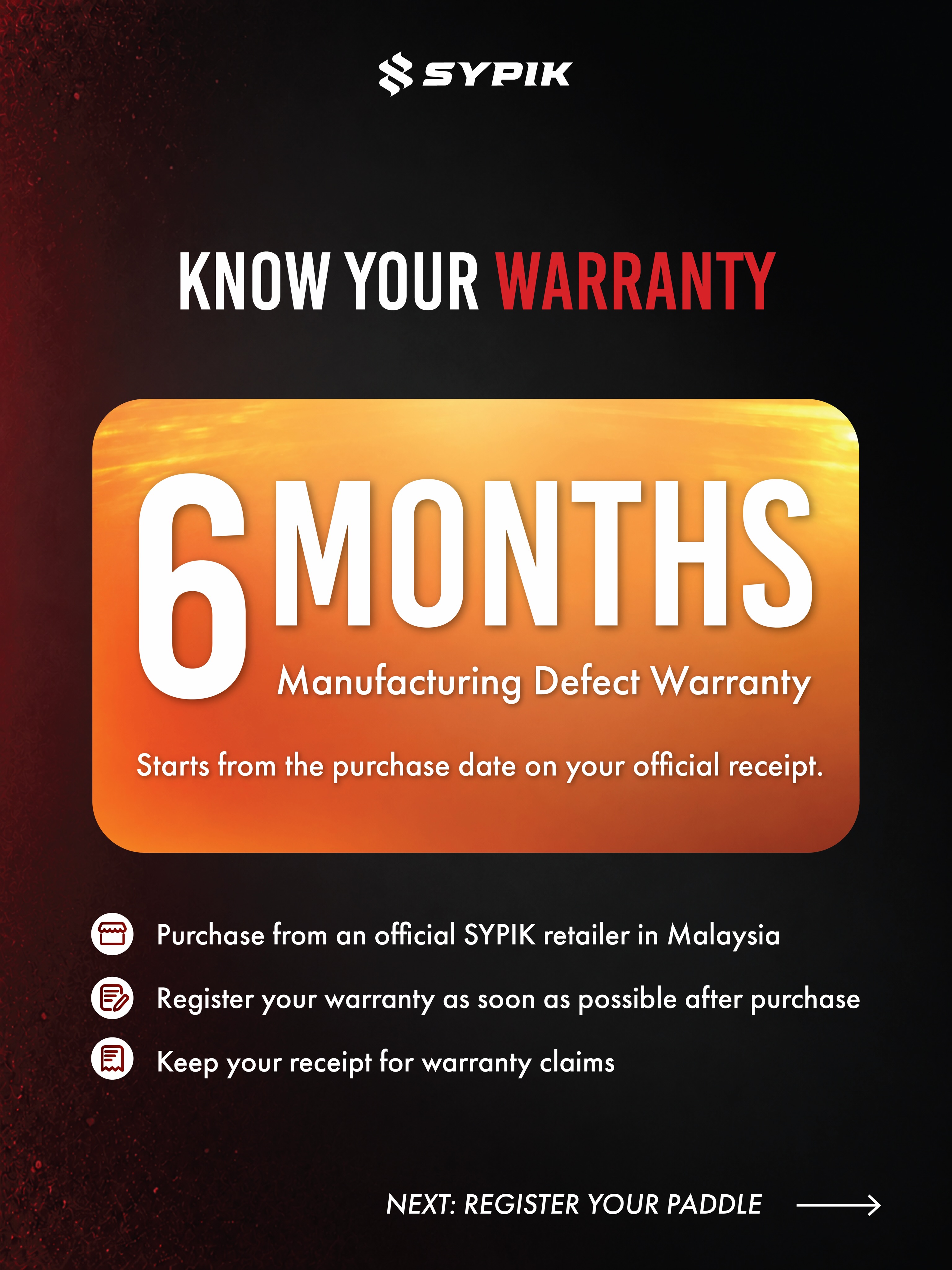 Know your warranty graphic: 6 months manufacturing defect warranty starting from the purchase date