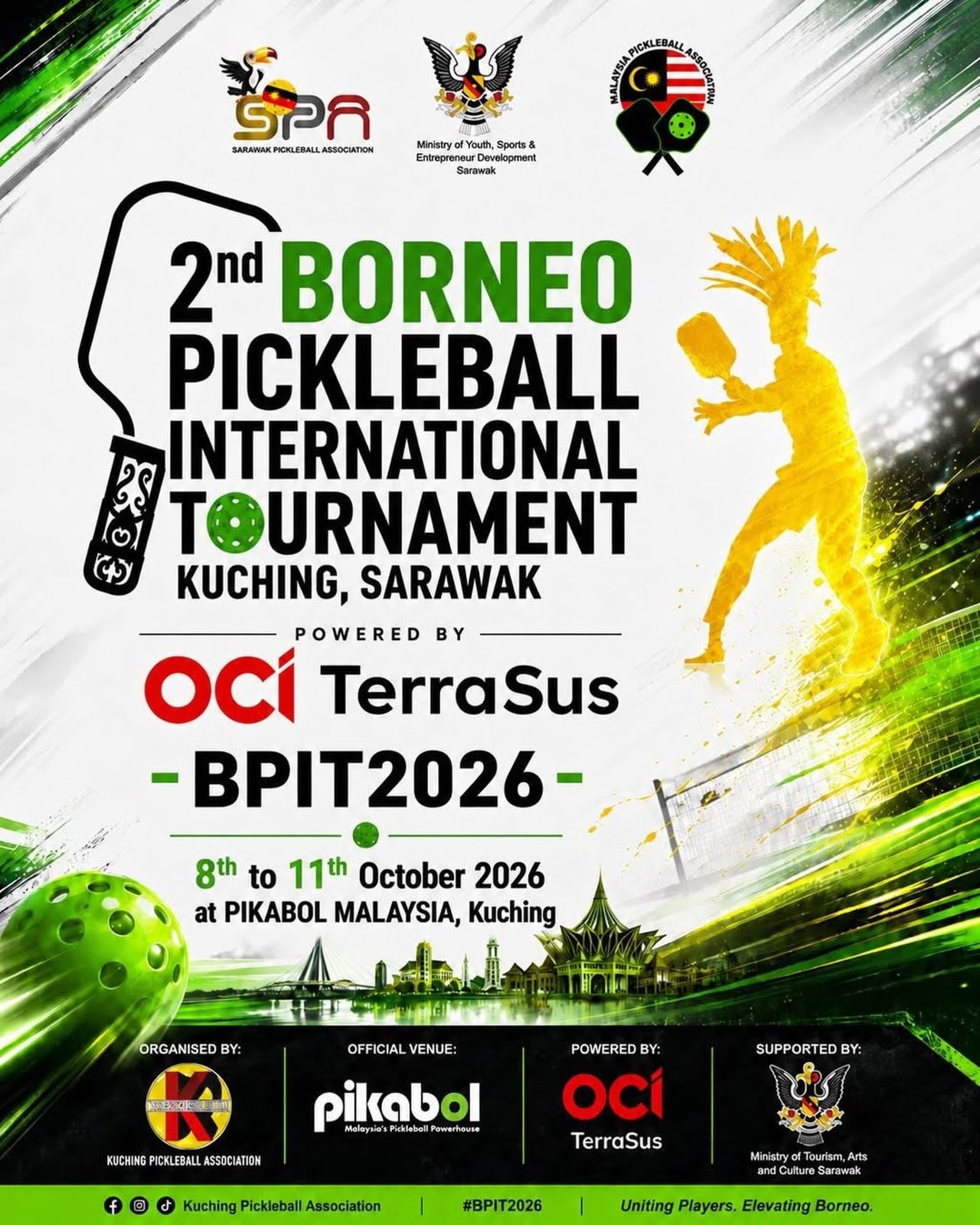 Poster for the 2nd Borneo Pickleball International Tournament 2026 in Kuching