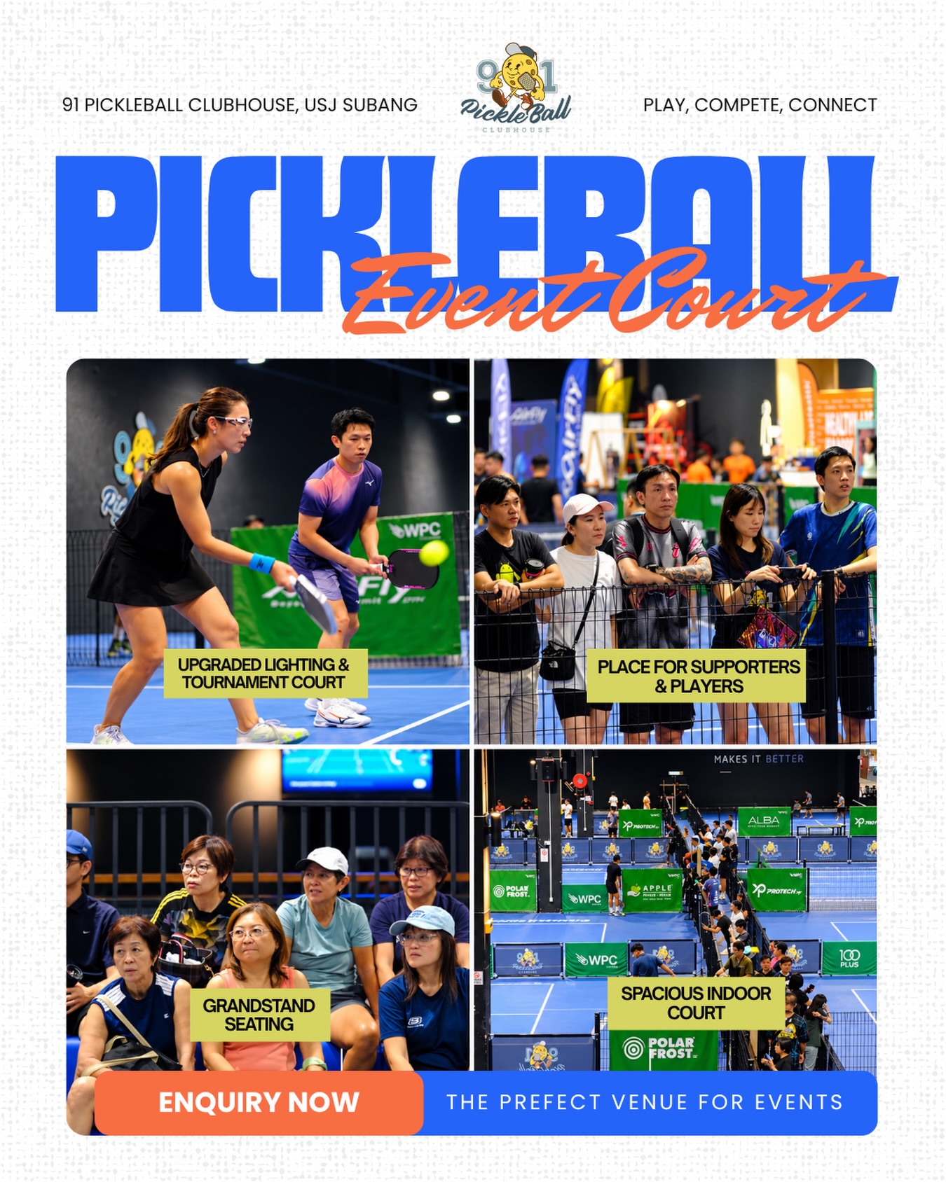 Four-photo graphic of the event court at 91 Pickleball Clubhouse in USJ Subang