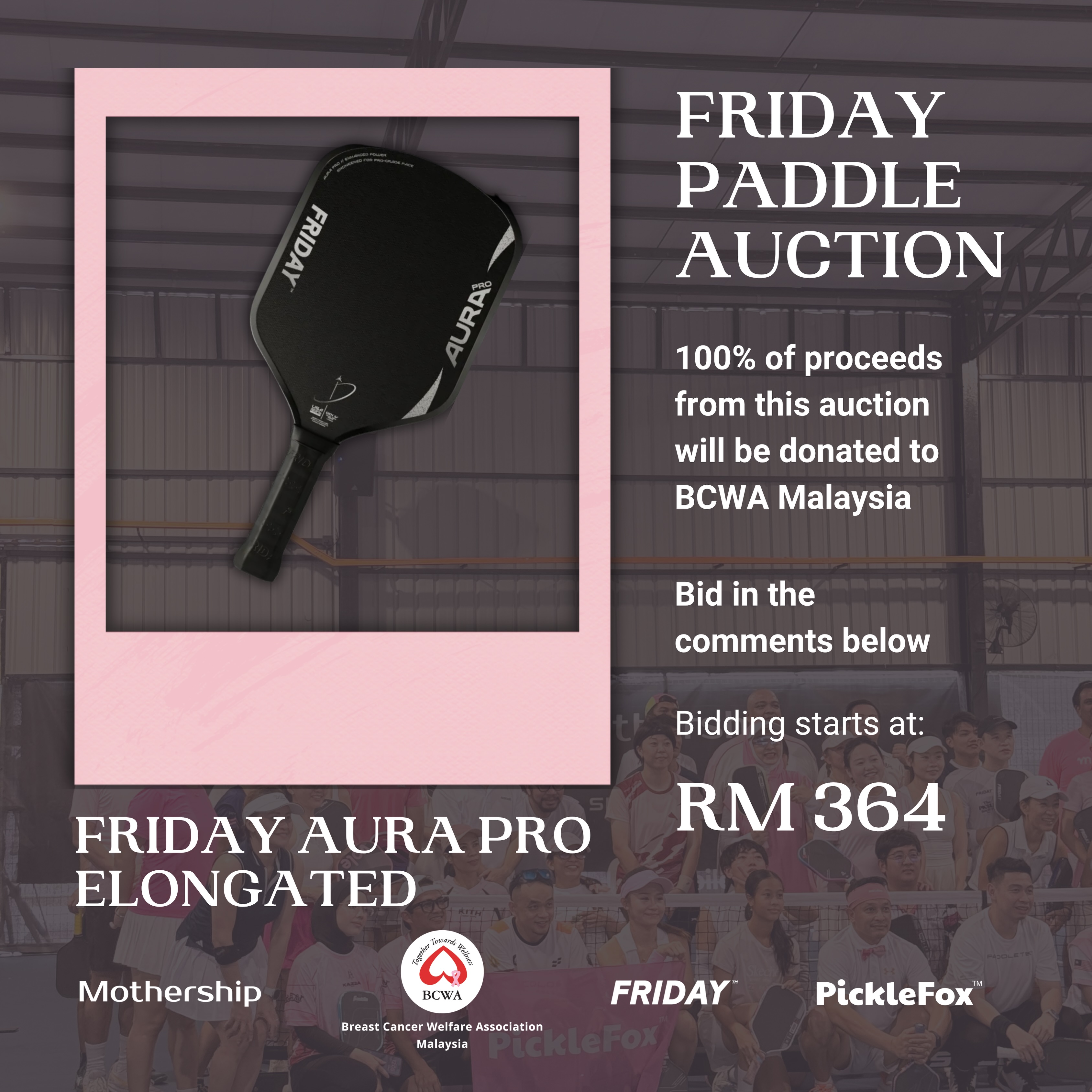 Friday Paddle Auction poster for the Friday Aura Pro Elongated paddle
