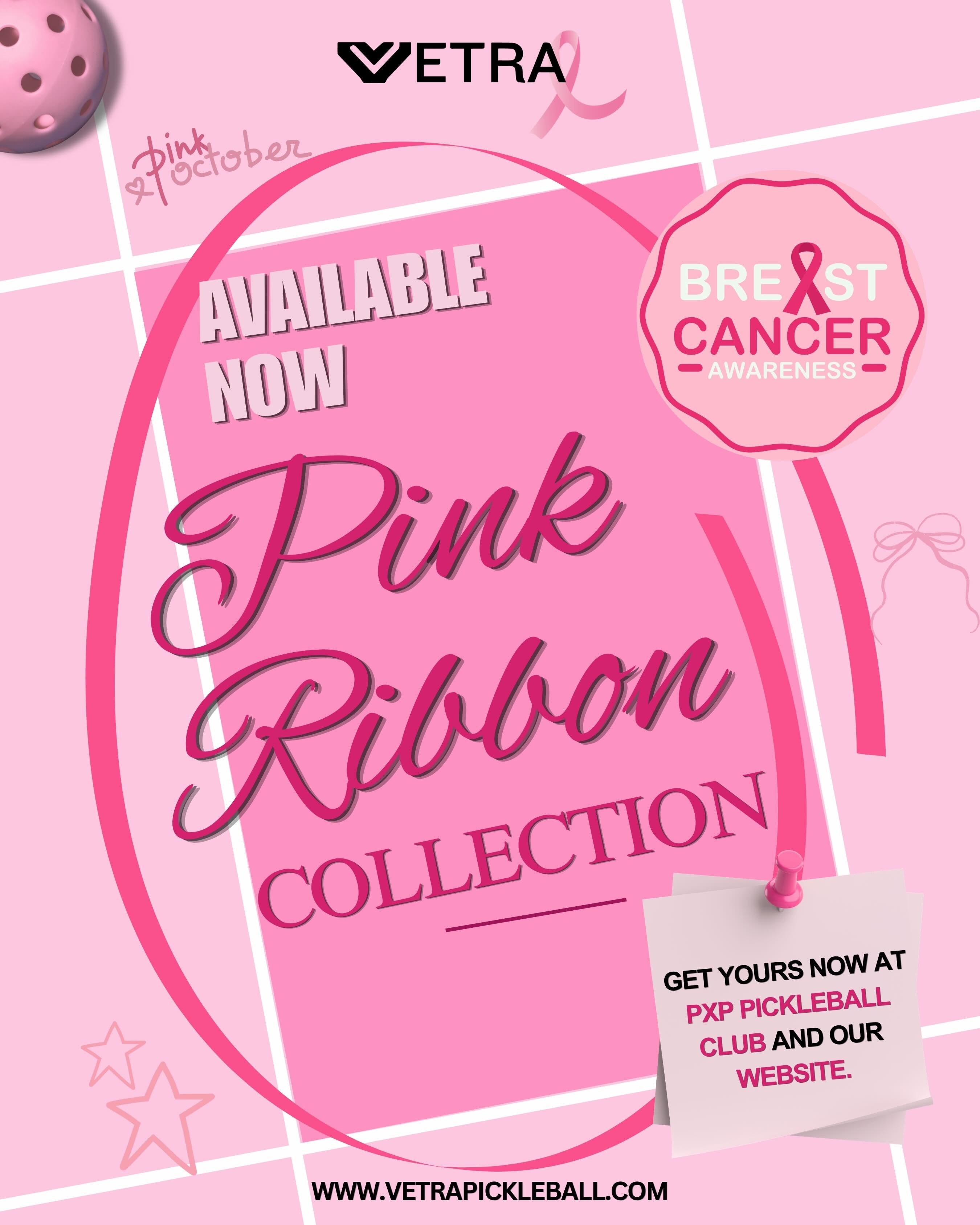 Vetra graphic reading Available Now, Pink Ribbon Collection, with the Project Halo paddle and a pink gift box.