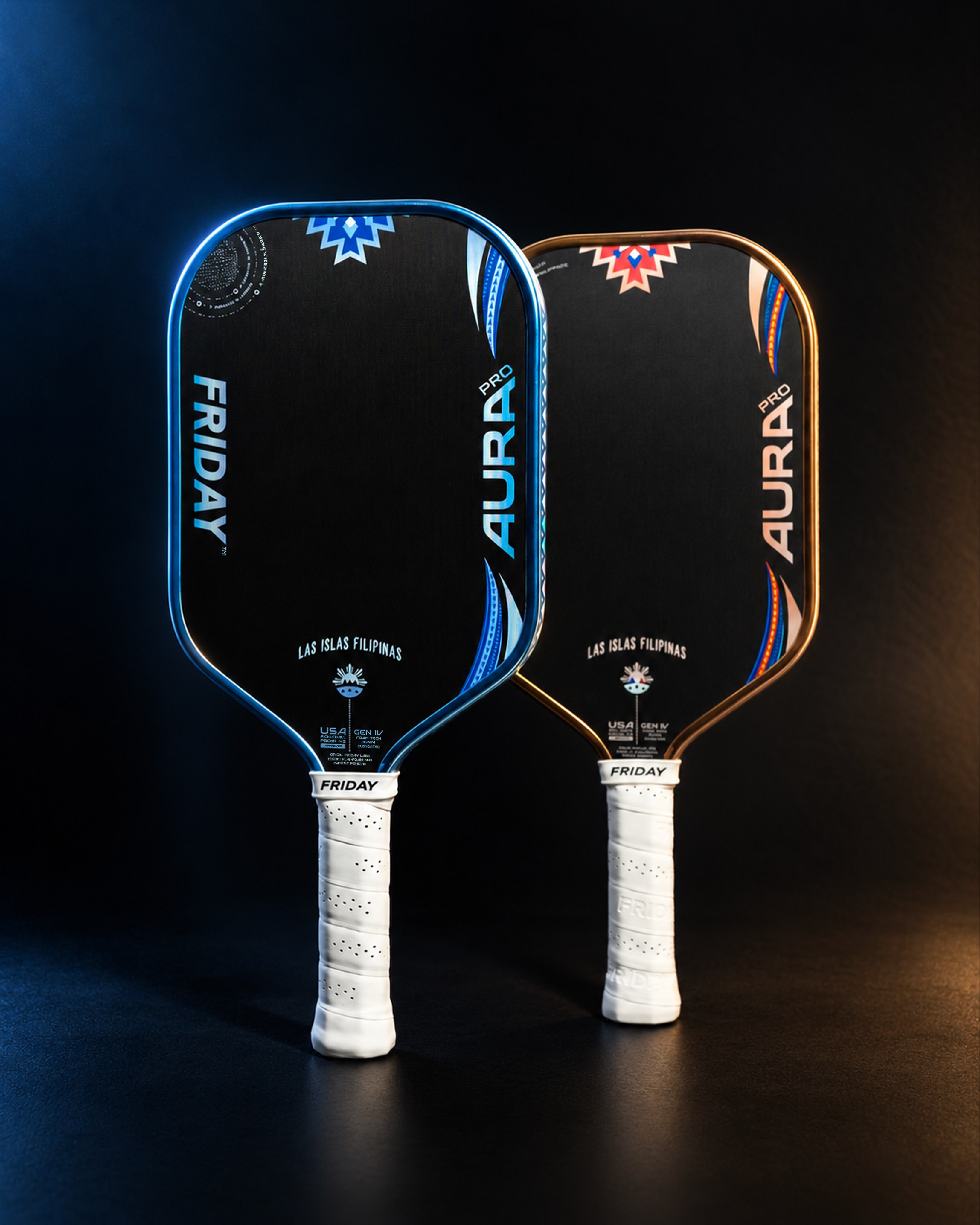 Perlas pearl-blue and Maharlika gold-toned Friday Aura Pro paddles side by side
