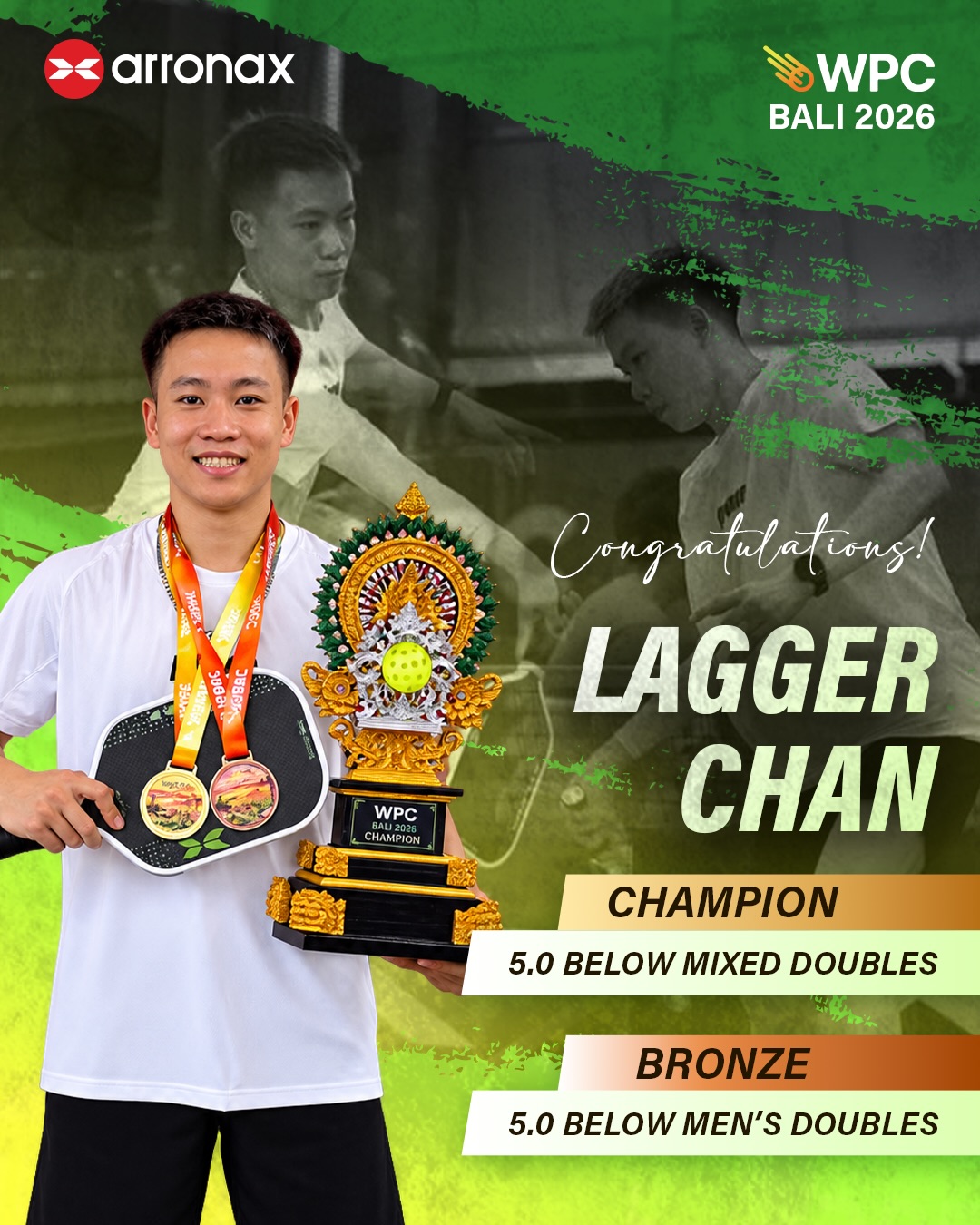 Lagger Chan holding the WPC Bali 2026 Champion trophy and two medals