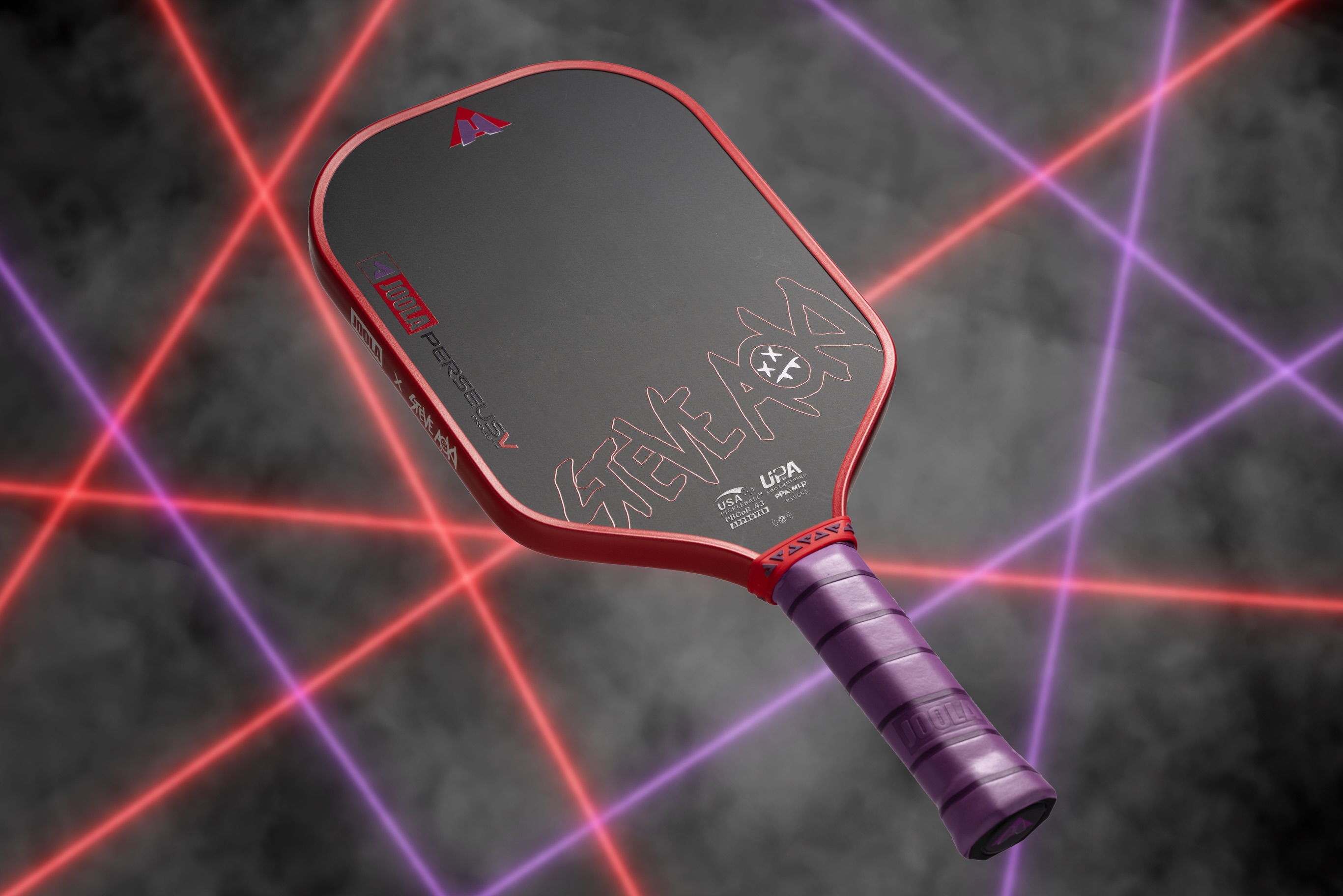 Hyro Red limited edition JOOLA x Steve Aoki Perseus Pro V paddle with a purple grip
