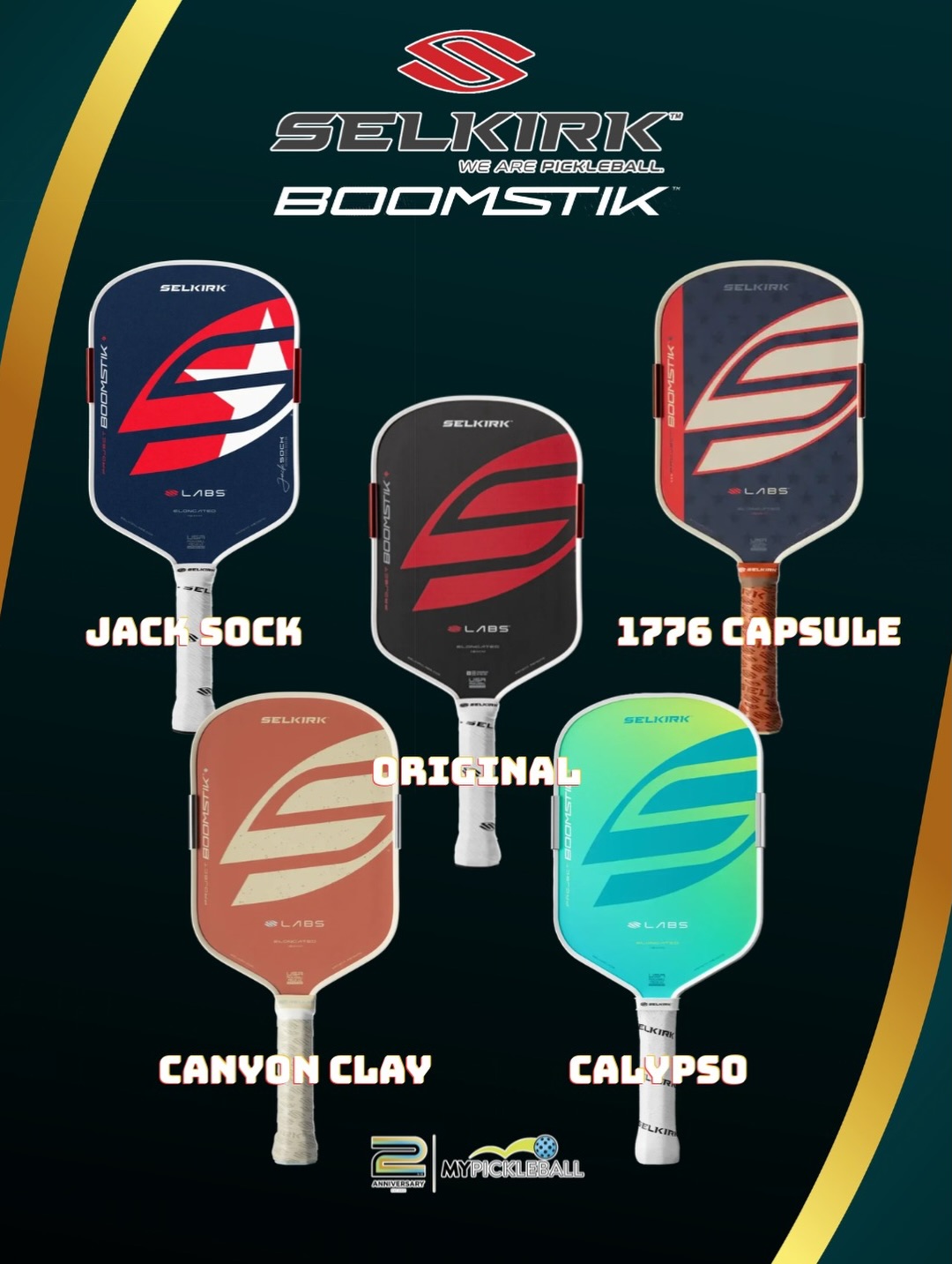 Five Selkirk Boomstik paddles labelled Jack Sock, Original, 1776 Capsule, Canyon Clay and Calypso