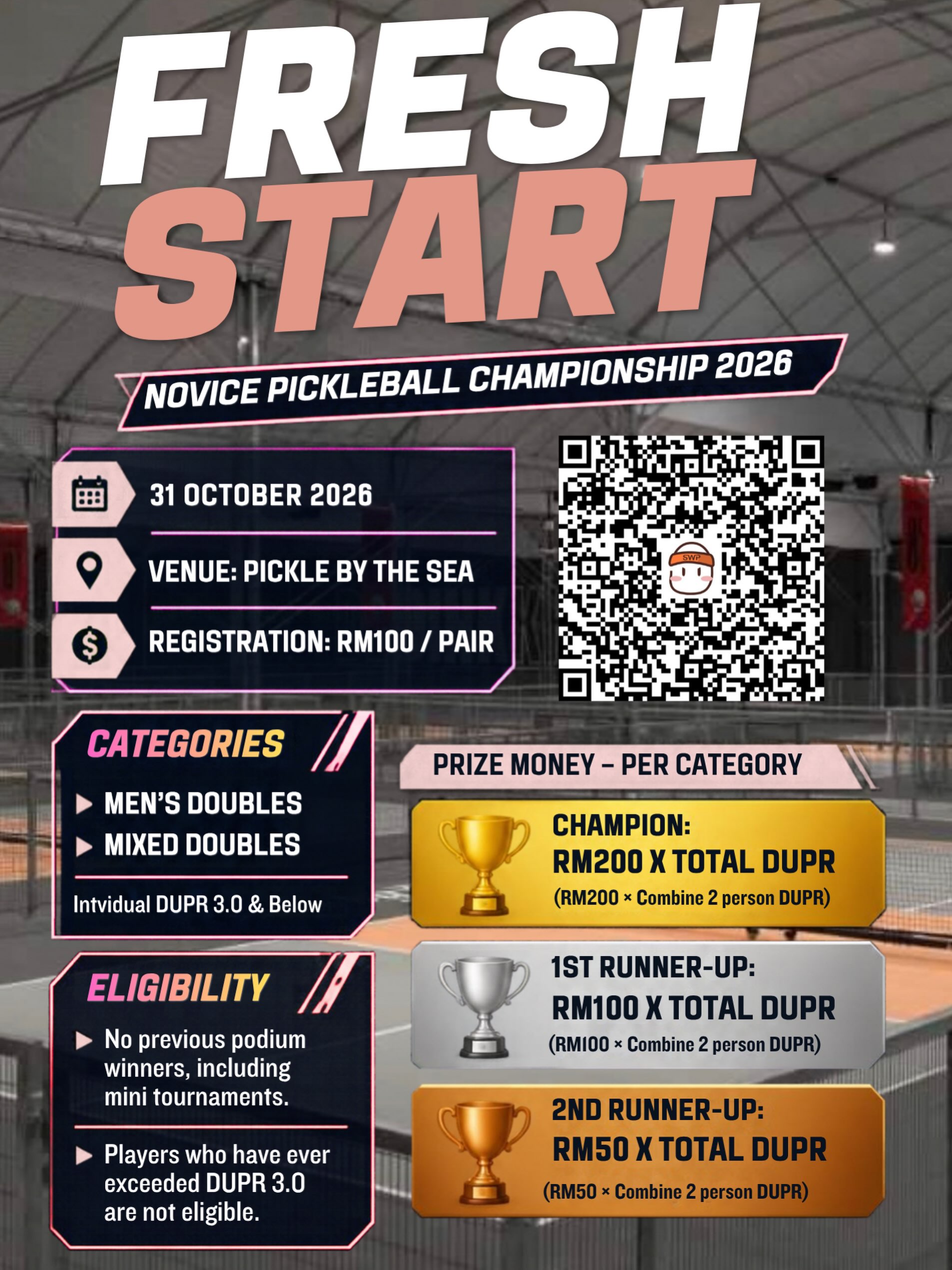 Fresh Start Novice Pickleball Championship 2026 poster listing the date, venue, registration fee, categories, prize money and eligibility