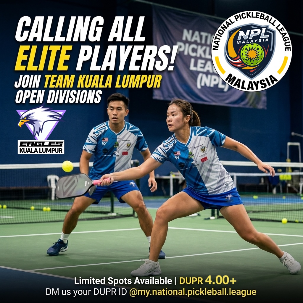 Poster calling elite players to join Team Kuala Lumpur Open divisions, with two players in blue Team KL kit mid-rally