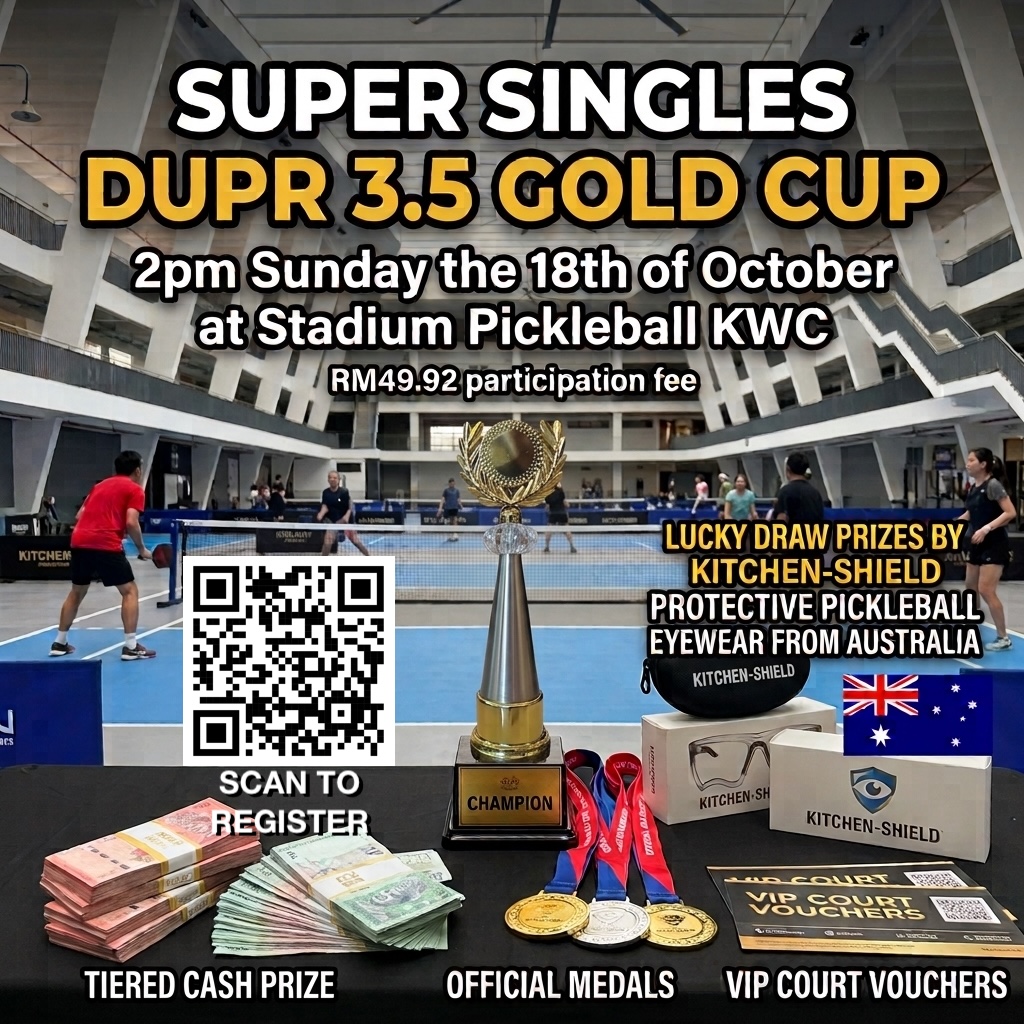 Poster for the Super Singles DUPR 3.5 Gold Cup at Stadium Pickleball KWC on 18 Oct