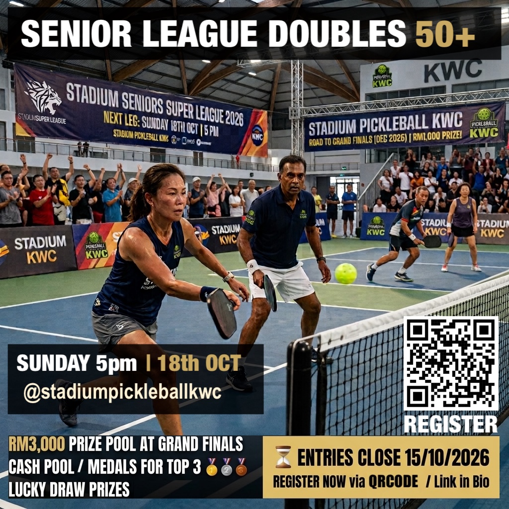 Poster for the Senior League Doubles 50+ at Stadium Pickleball KWC on 18 Oct
