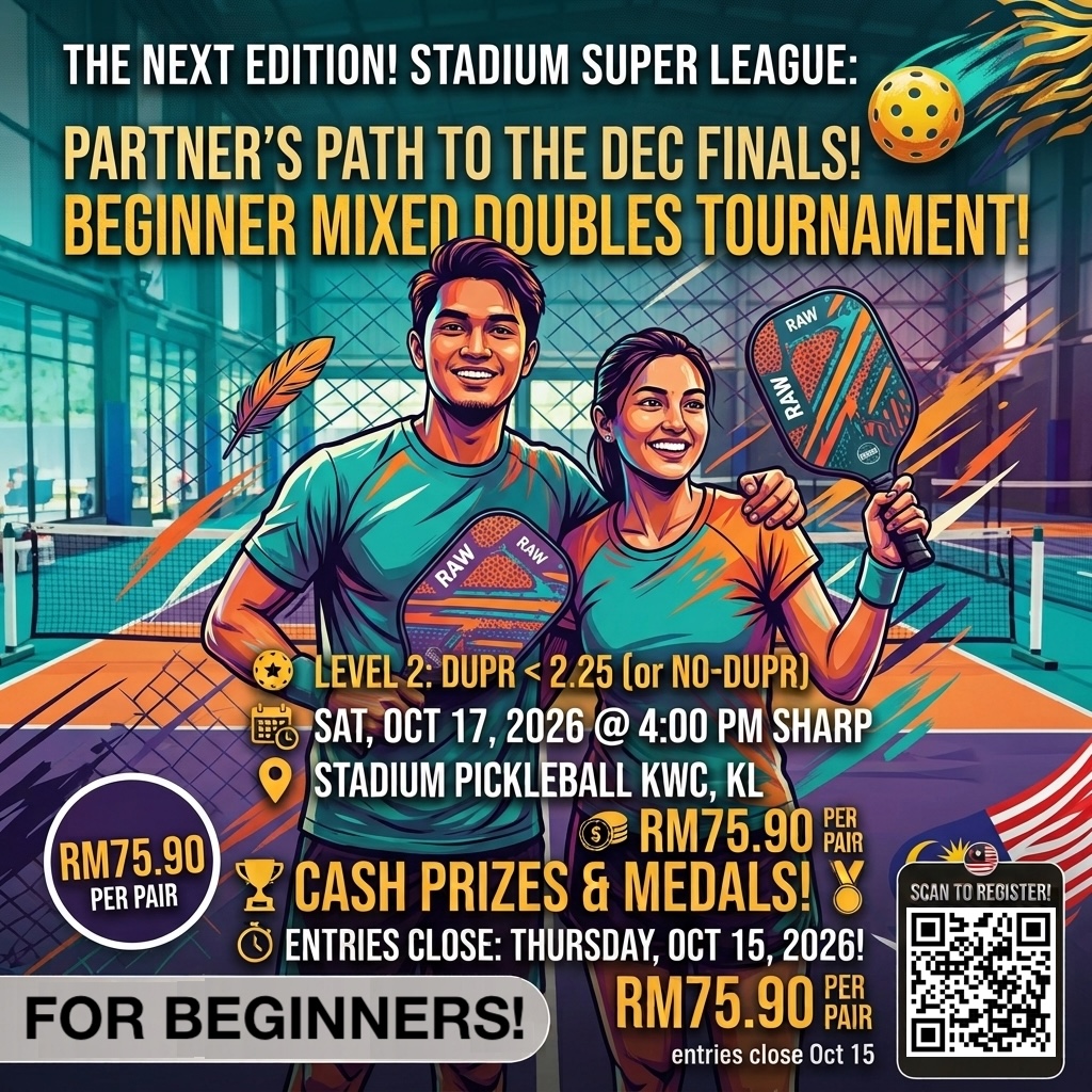 Poster for the Beginner Mixed Doubles Tournament at Stadium Pickleball KWC on 17 Oct